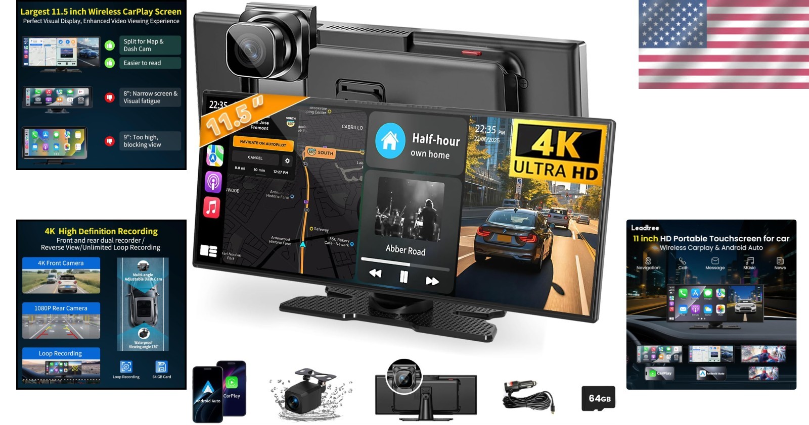 Largest 11.5″ Portable Carplay Screen for Car, 4K Wireless Car Play & Black