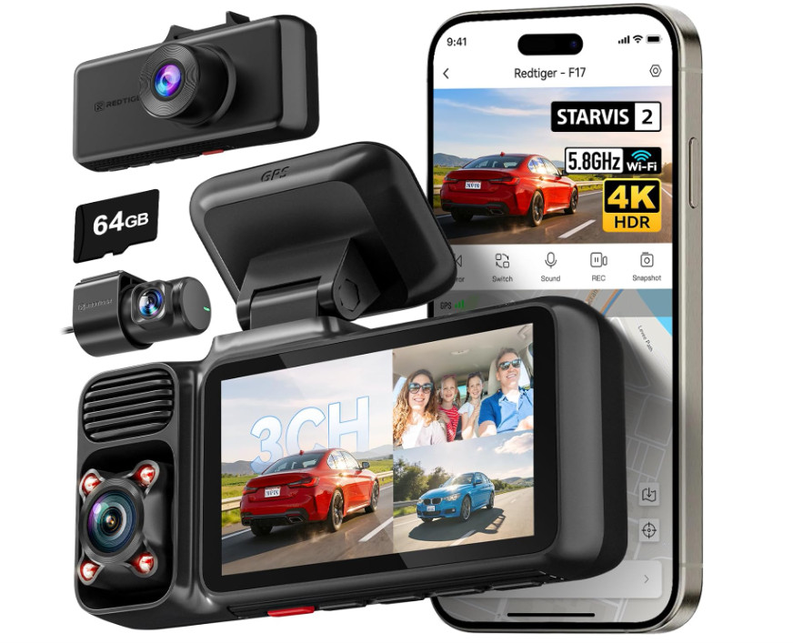 Cámara dash cam 4K de 3 canales con grabación frontal, interior y trasera, WiFi