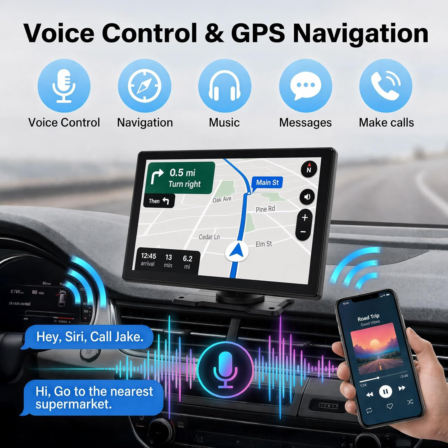 9 Inch Carplay Screen for Car, Wireless Carplay & Android Auto Portable Touchscr