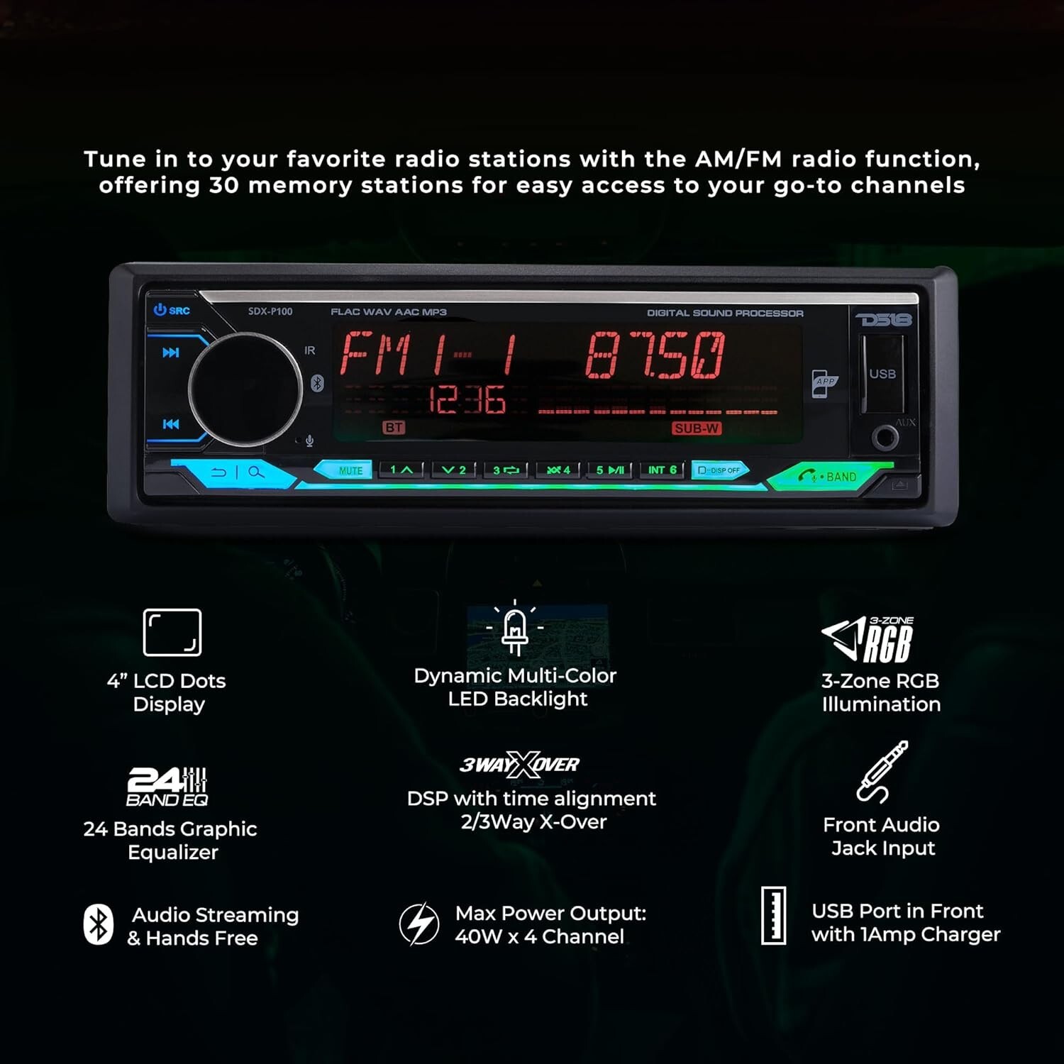 DS18 Single-Din Car Stereo Receiver Built-in DSP EQ Bluetooth Sub Out SDX-P100
