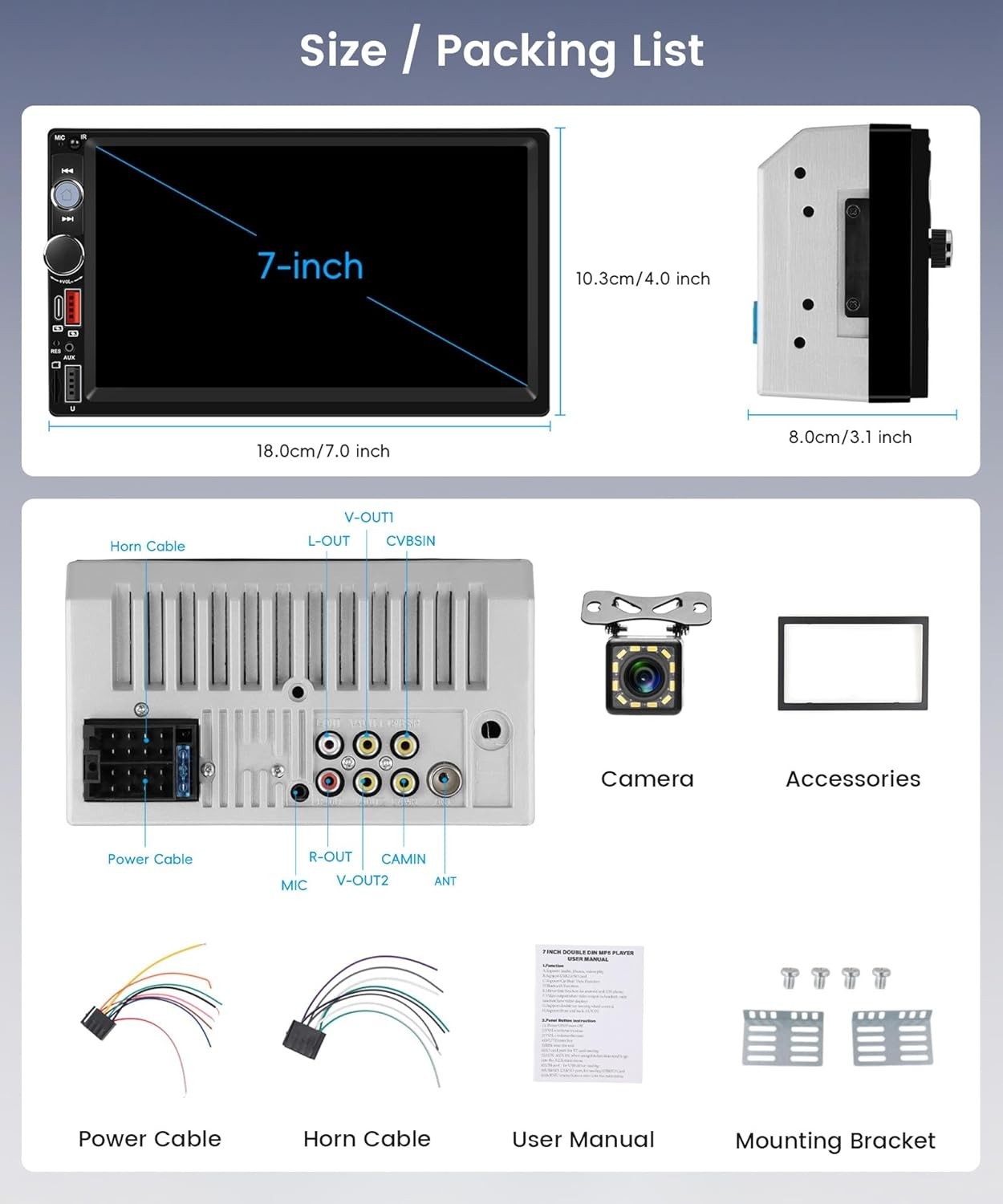 Double Din 7 Inch Car Stereo with Fast Charging, Video Playback & Mirror Link