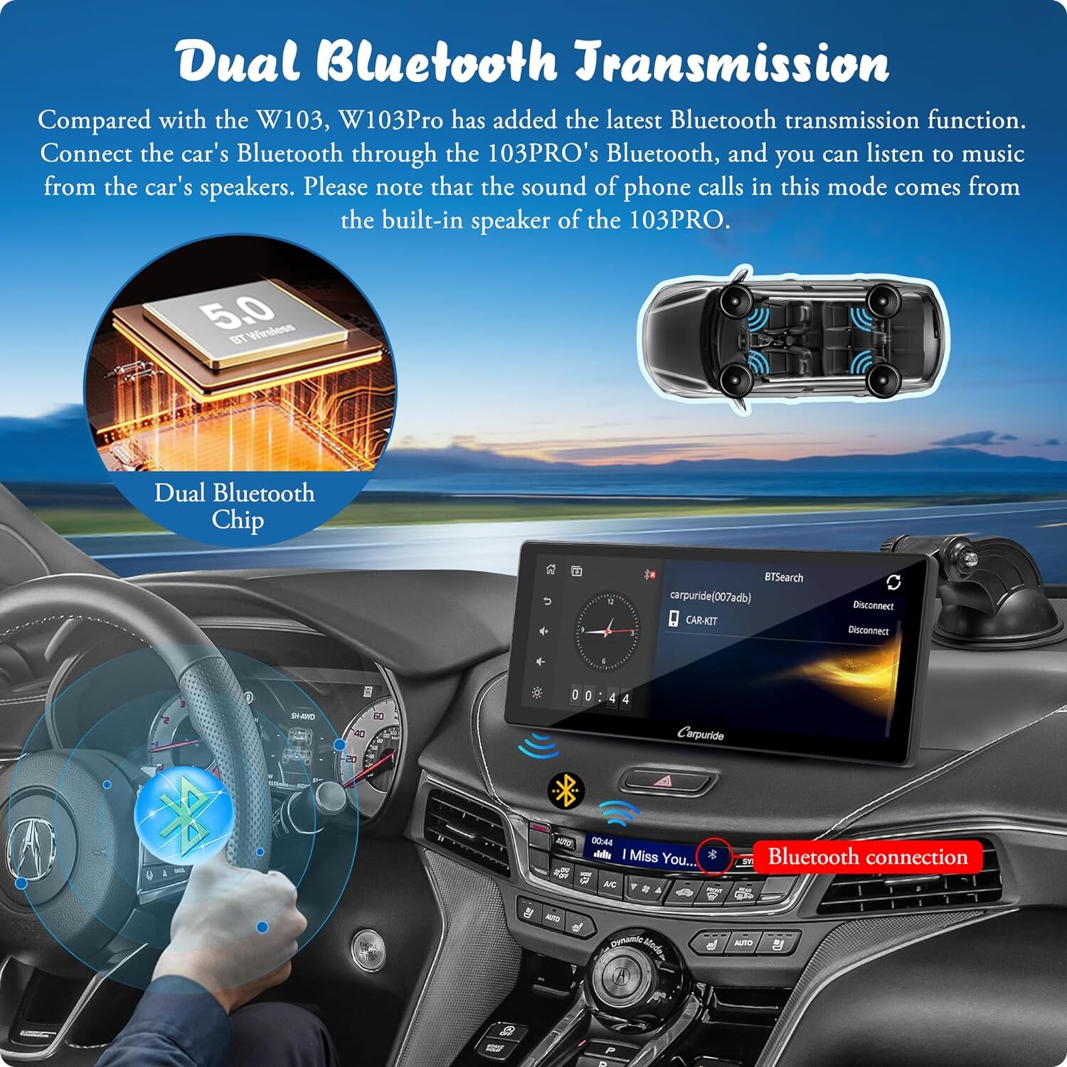 CARPURIDE W103Pro Dual Bluetooth Multimedia Portable Apple Carplay Android Auto