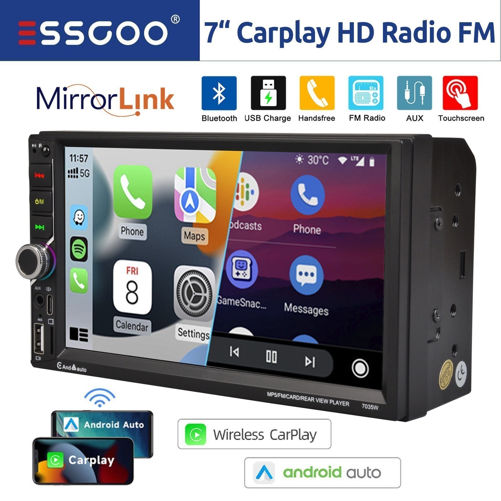 7″ Car Stereo Radio iOS Carplay/Android Auto Head Unit USB AUX WiFi Double 2 DIN