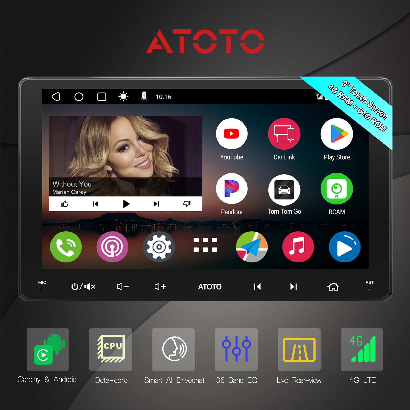ATOTO 4G+64G 9″ 2DIN Android Car Play Stereo Radio Bluetooth Multimedia Receiver