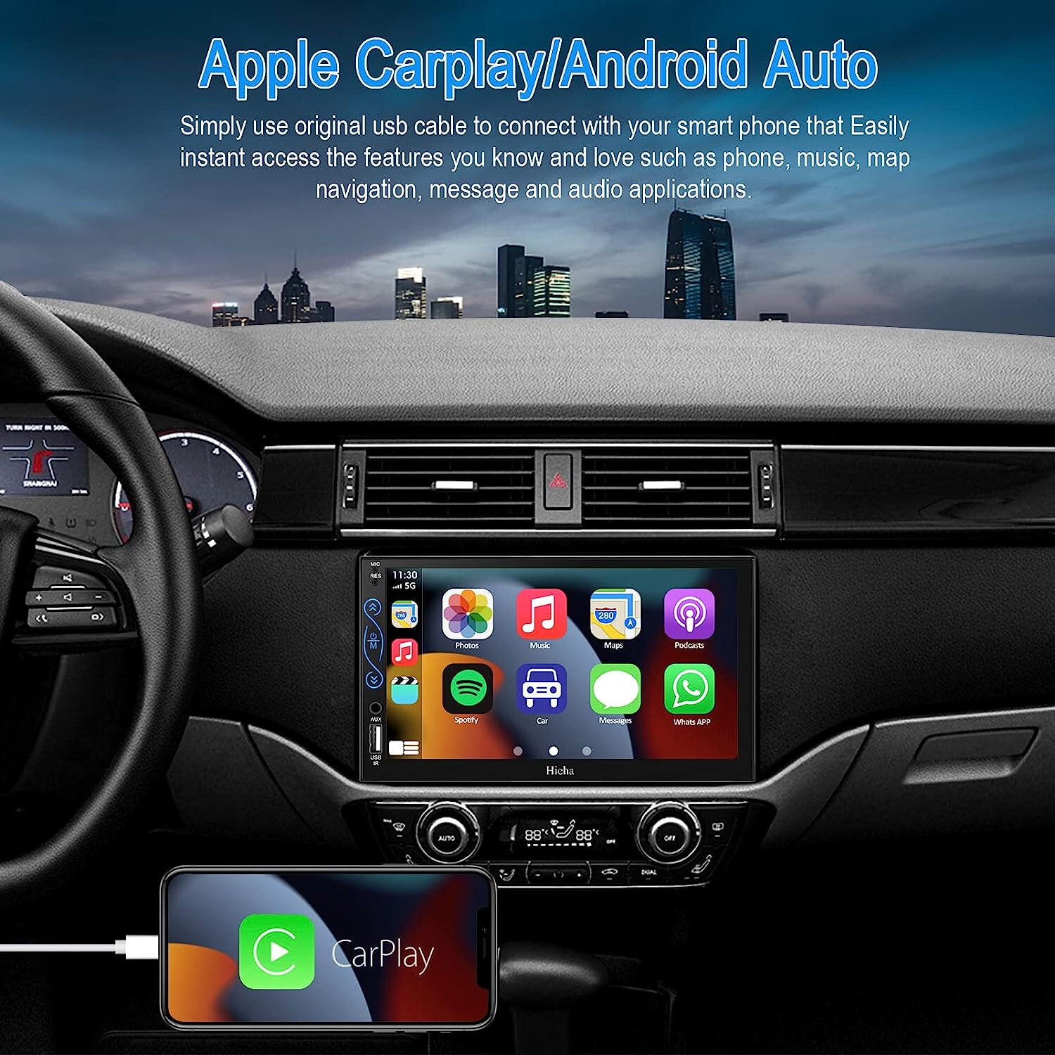 2-DIN 7″ Bluetooth Car Play,Android Auto, MP5, Mirror Link, SWC, With A/V Input