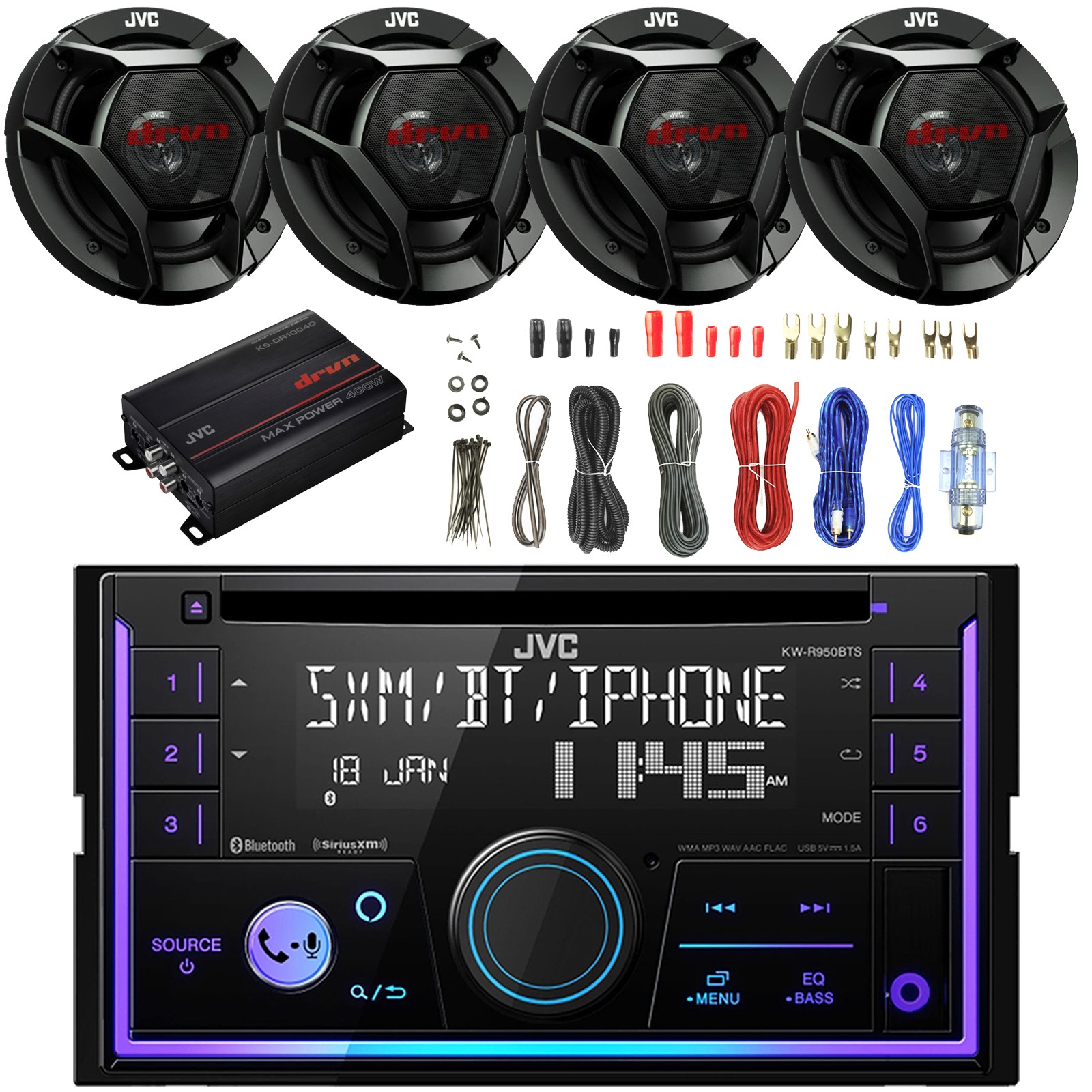 JVC KW-R950BTS Alexa Car Audio Receiver, 4x 6.5″ 300W Speakers, Amplifier W/Kit