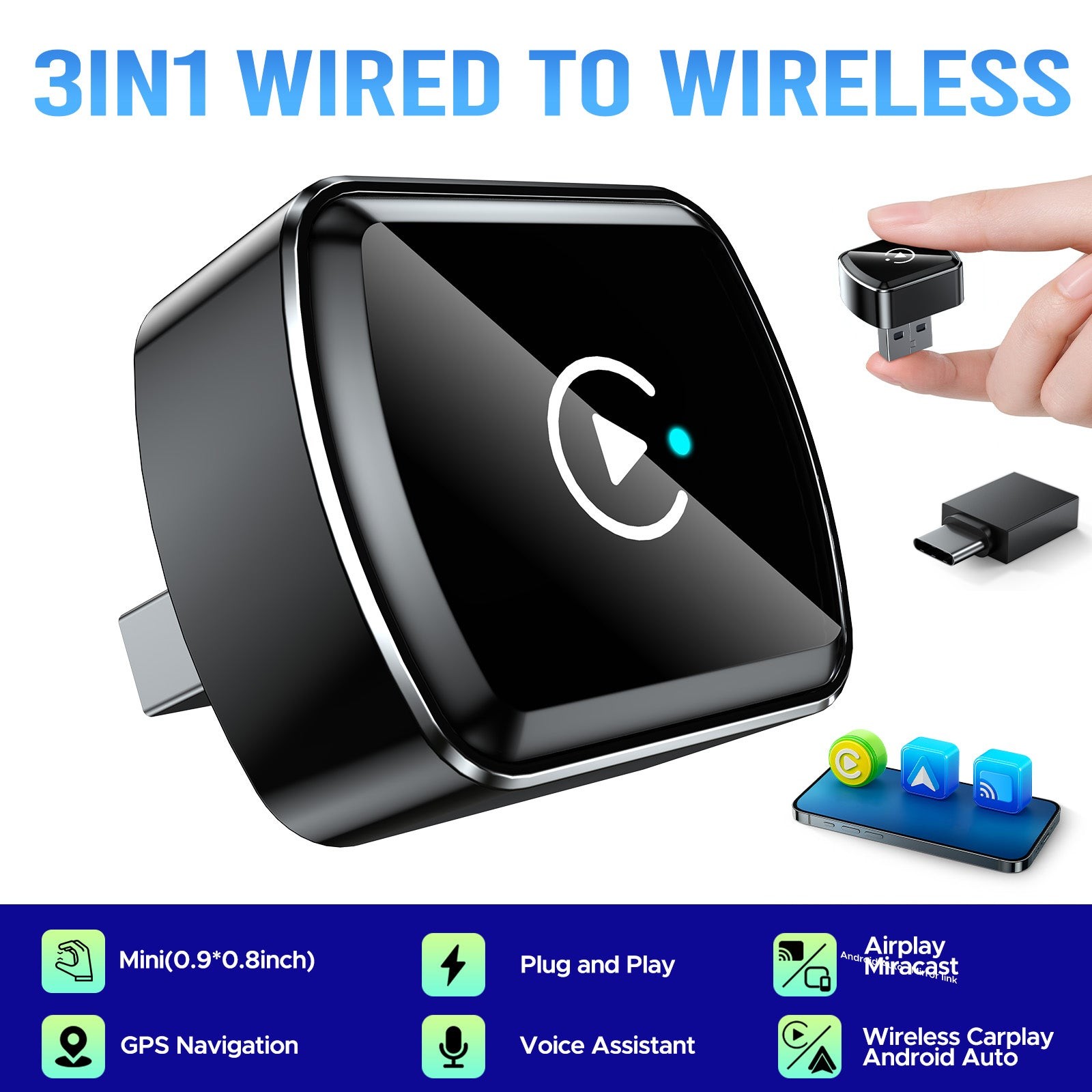 4IN1 Carplay Adapter Wired to Wireless CarPlay AirPlay Android Auto Mirror Link
