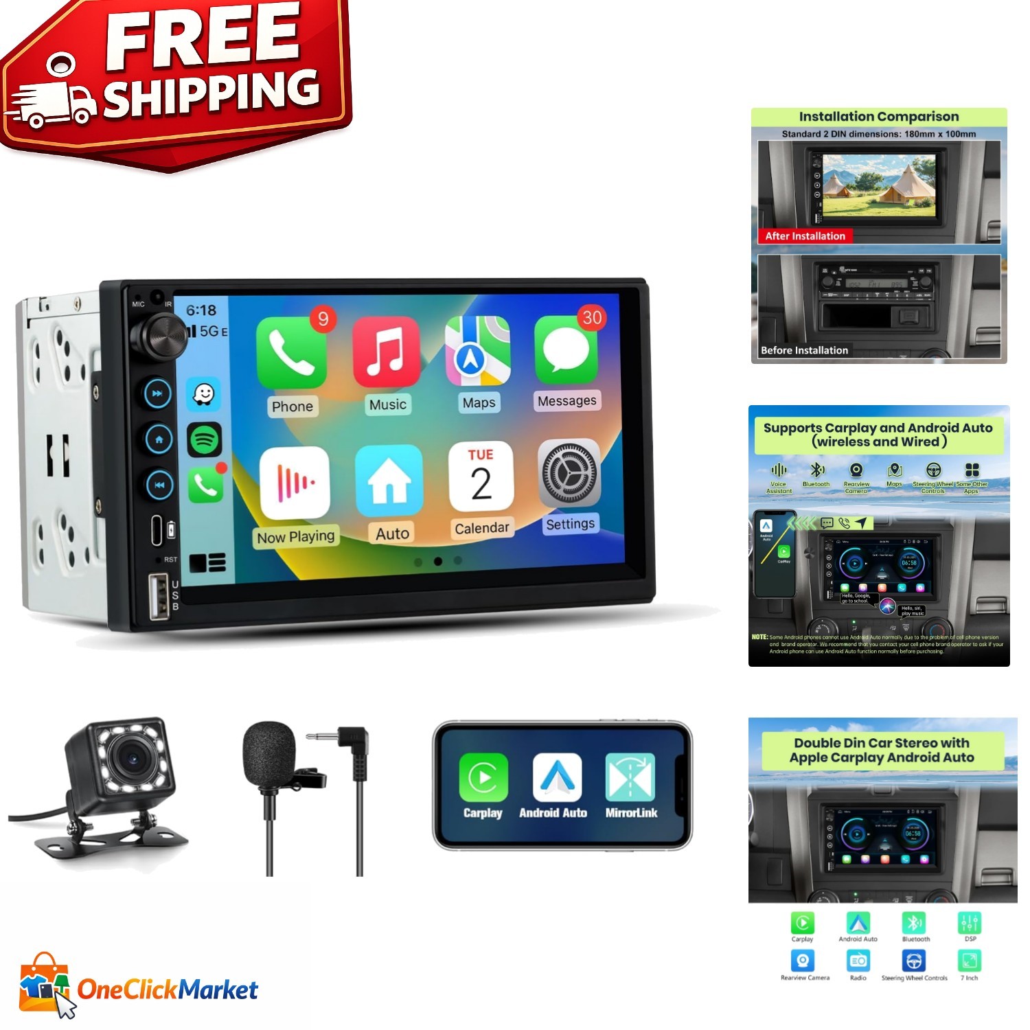 7-Inch IPS Car Stereo with Bluetooth, FM Tuner & Backup Camera Support