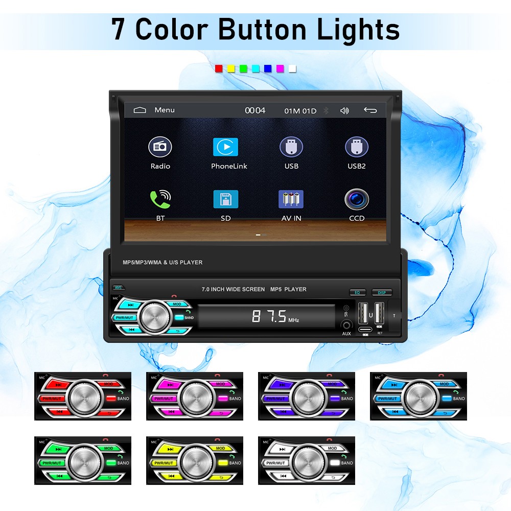 7″ Car Radio Single 1Din Retractable Wireless CarPlay Stereo Touch Screen BT FM
