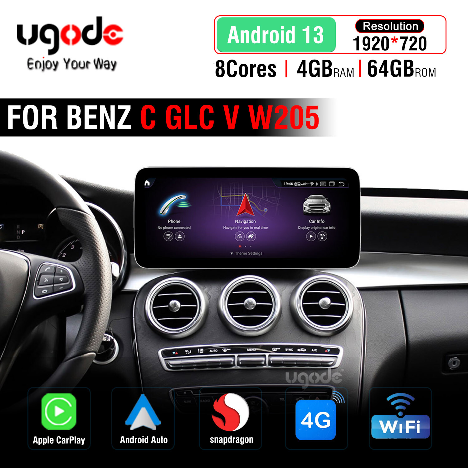 12.3inch Android13 Screen Upgrade CarPlay Mercedes Benz C GLC V W205 X253 NTG6.0