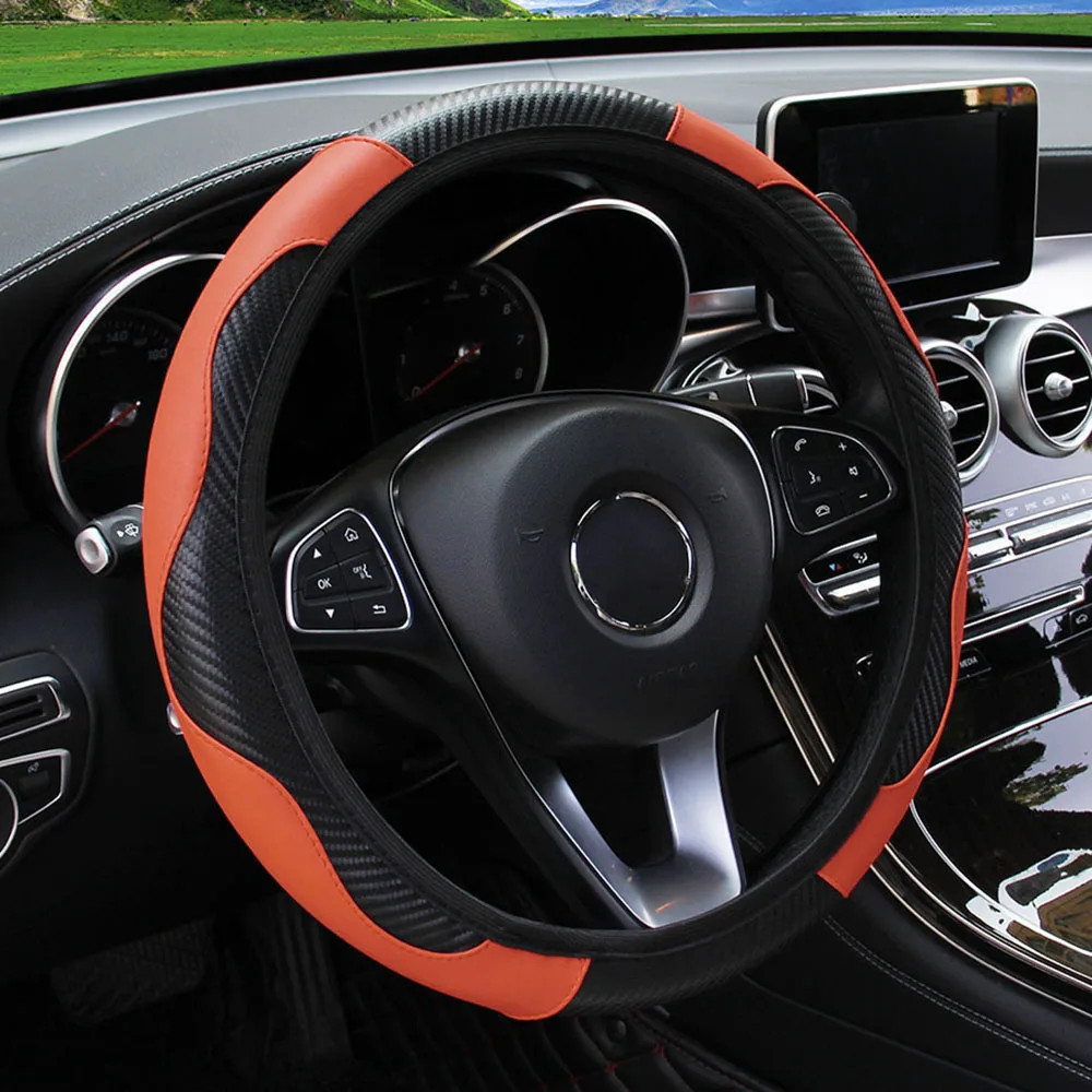 PU Carbon Fiber Leather Car Steering Wheel Cover without Inner Ring Suitable for