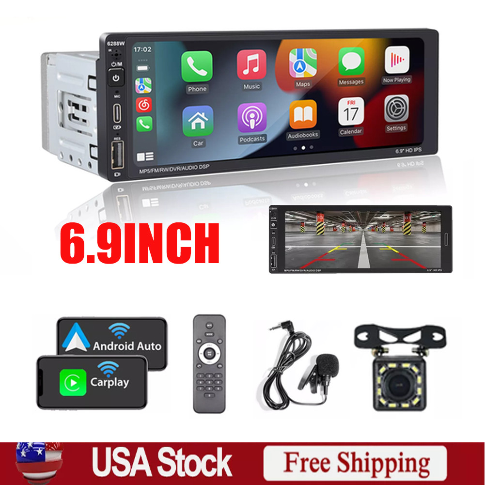 Single Din Car Stereo Wireless Apple Carplay 6.9 Touchscreen Bluetooth Radio Usb
