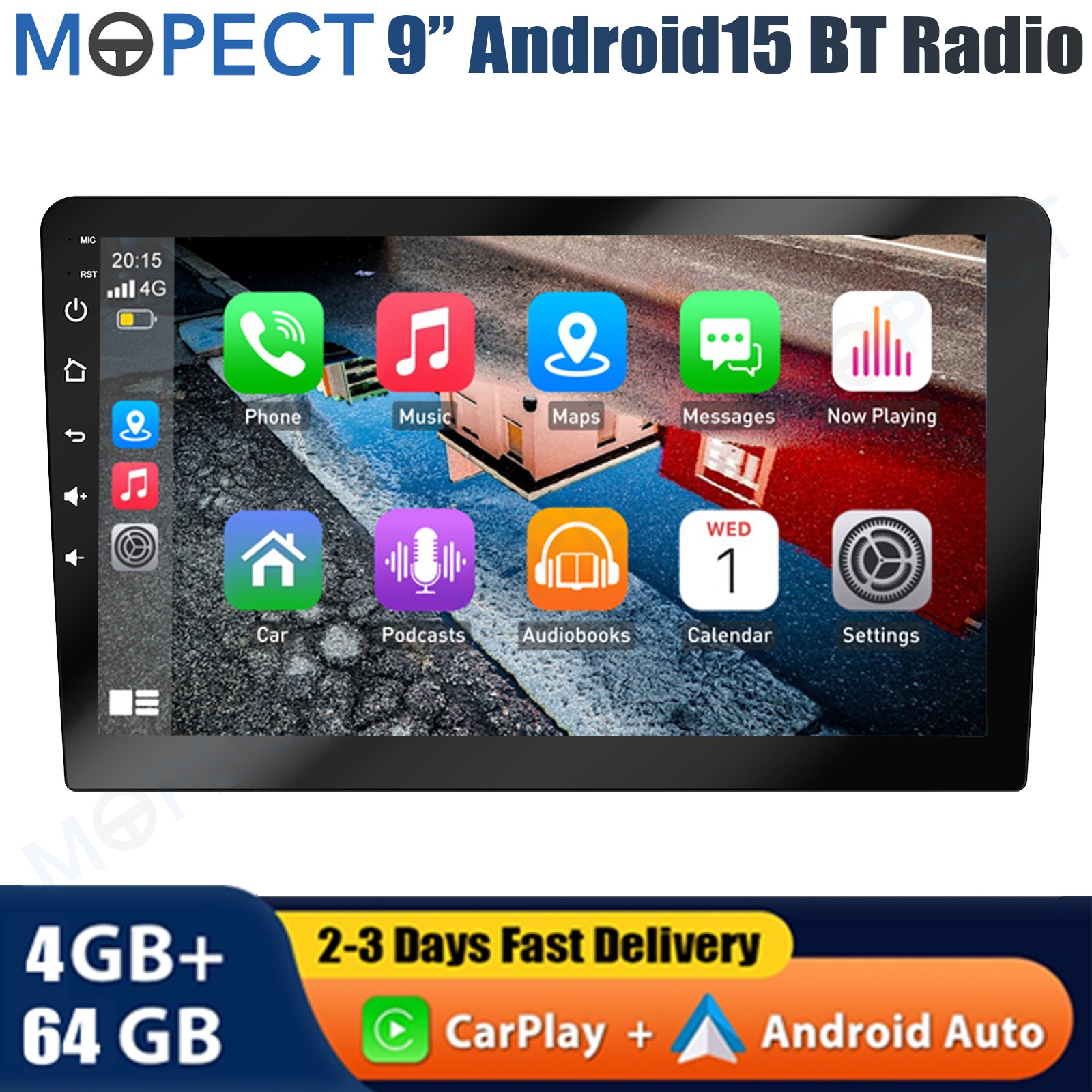 MOPECT 4+64GB 9″ Double 2 Din Android 15 Car Stereo Radio GPS WiFi Carplay BT FM