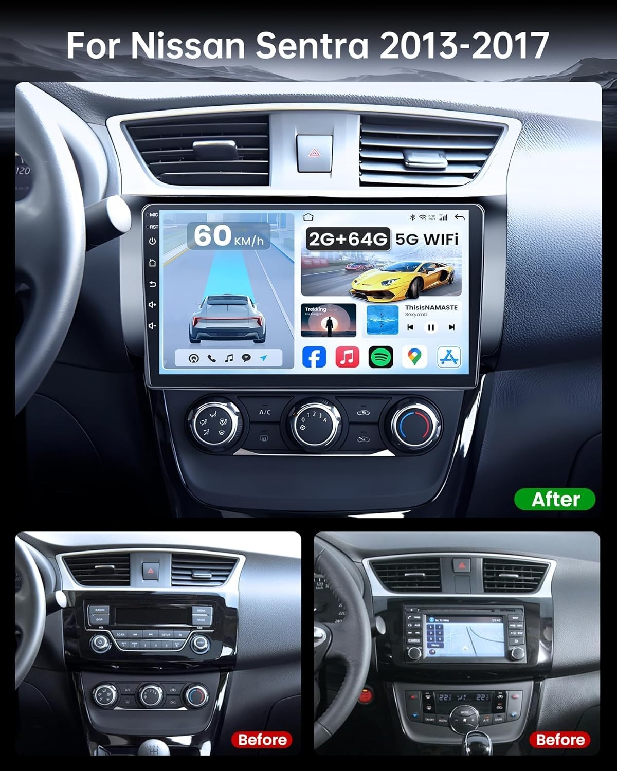 For Nissan Sentra 2013-2019 Car Screen stereo Navi GPS Carplay 4+64G FM 1280*800