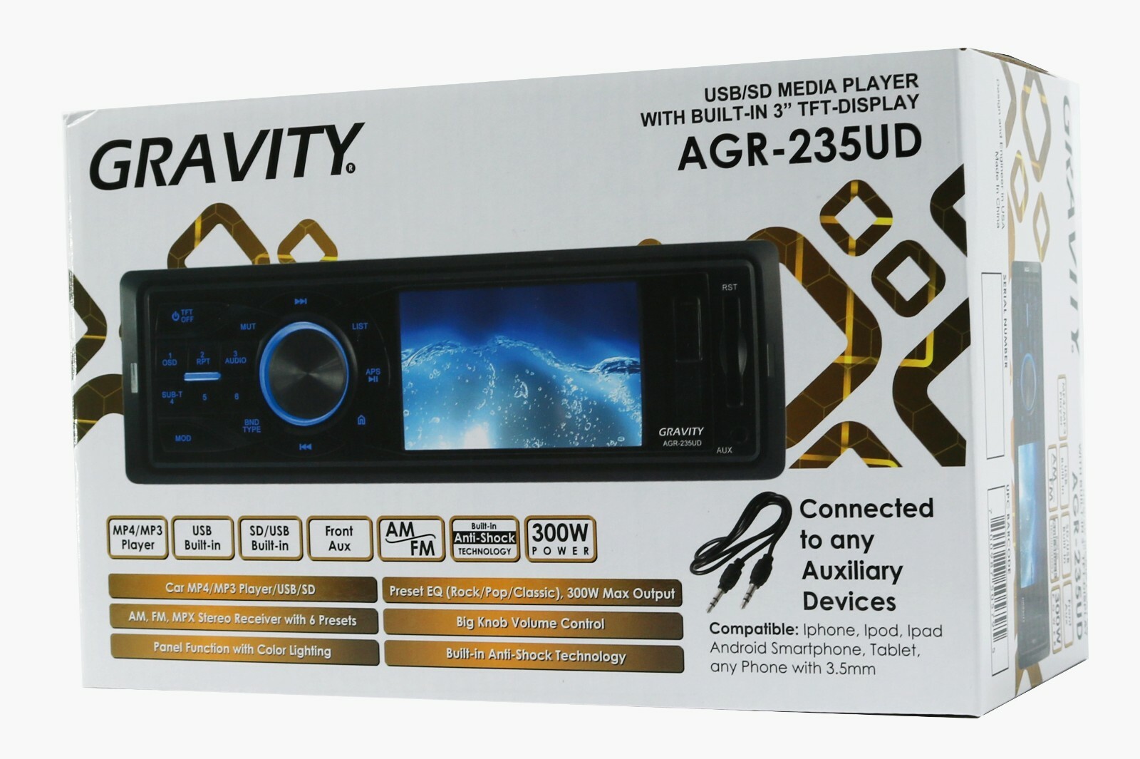 Gravity AGR-235UD 1-Din USB/SD MP4/MP3 Radio Car Media Player w/3″ TFL Display