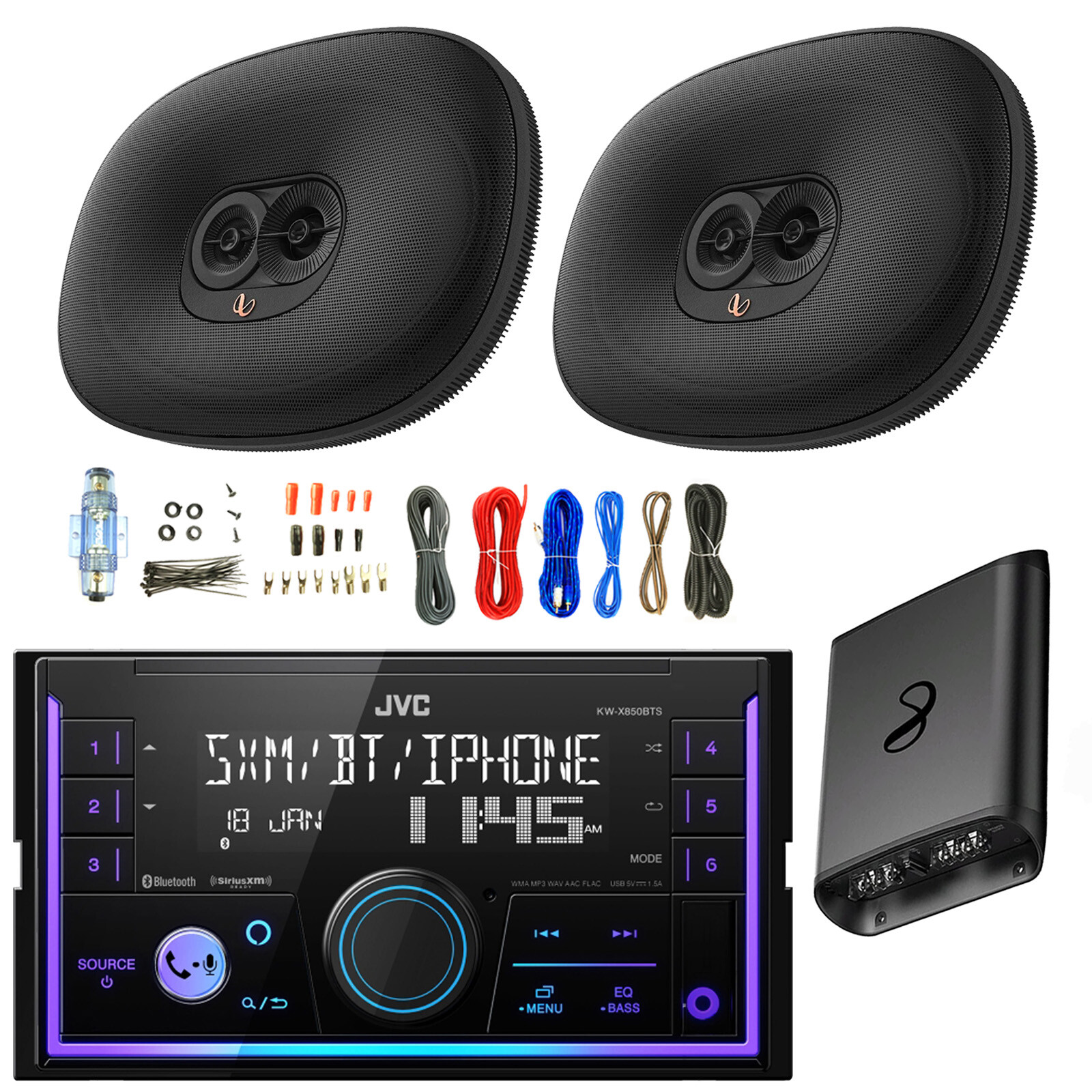 JVC Double DIN Bluetooth AM/FM Radio Receiver, 2x 6×9″ 180W Speakers, Amp w/Kit
