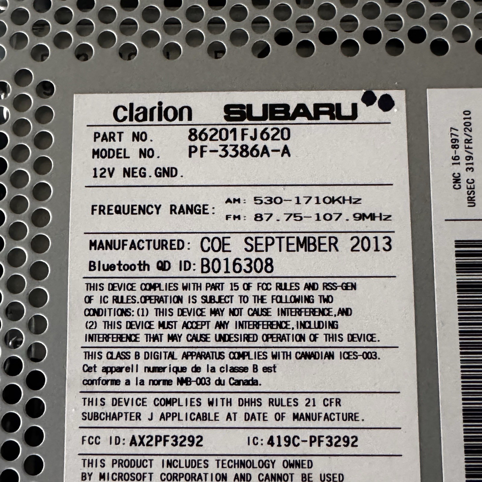 12-14 Subaru Impreza AM/FM CD MP3 Radio OEM 86201FJ620 PF-3386A-A Clarion