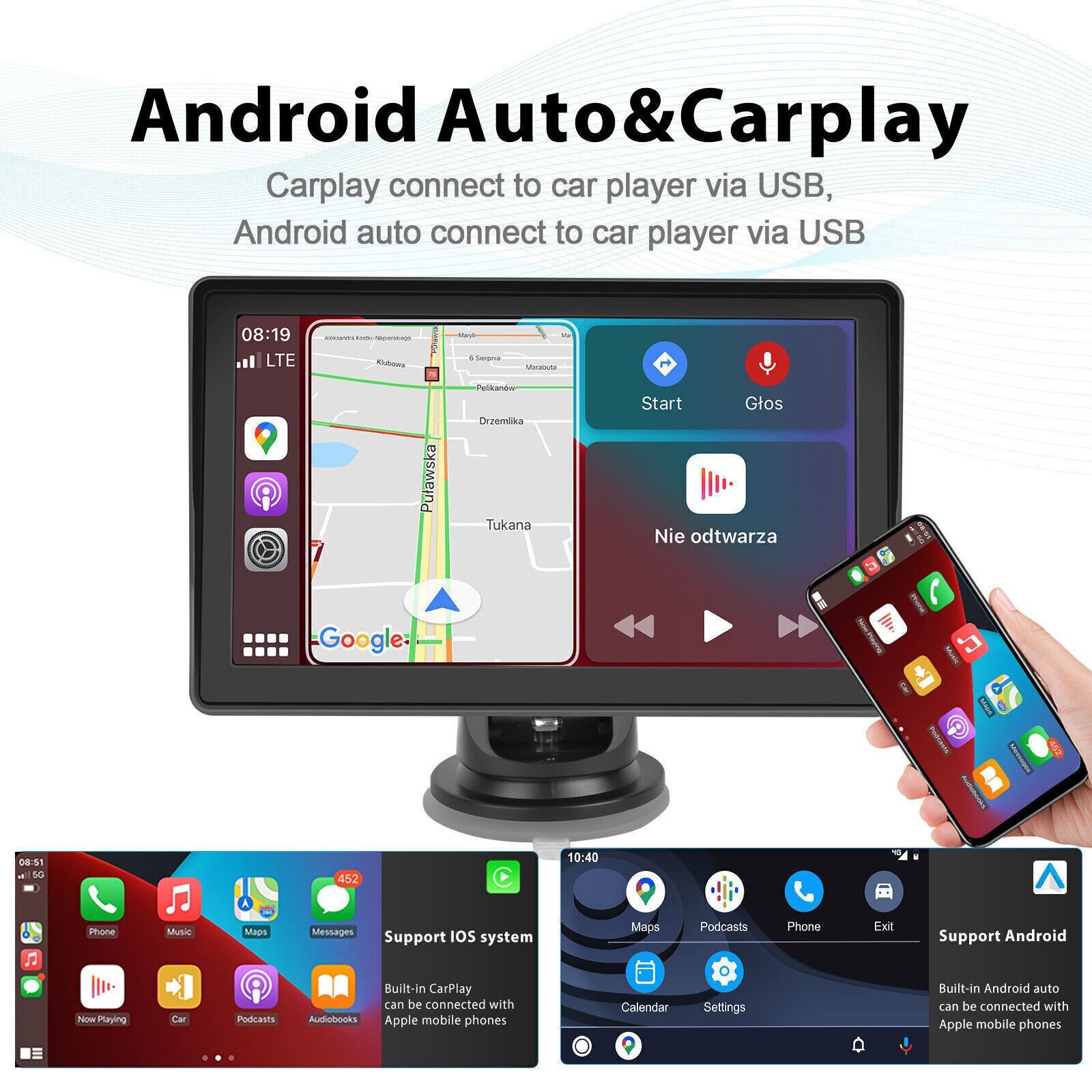 7″ Portable Car Monitor Wireless Carplay Android Auto Bluetooth MP5 Player