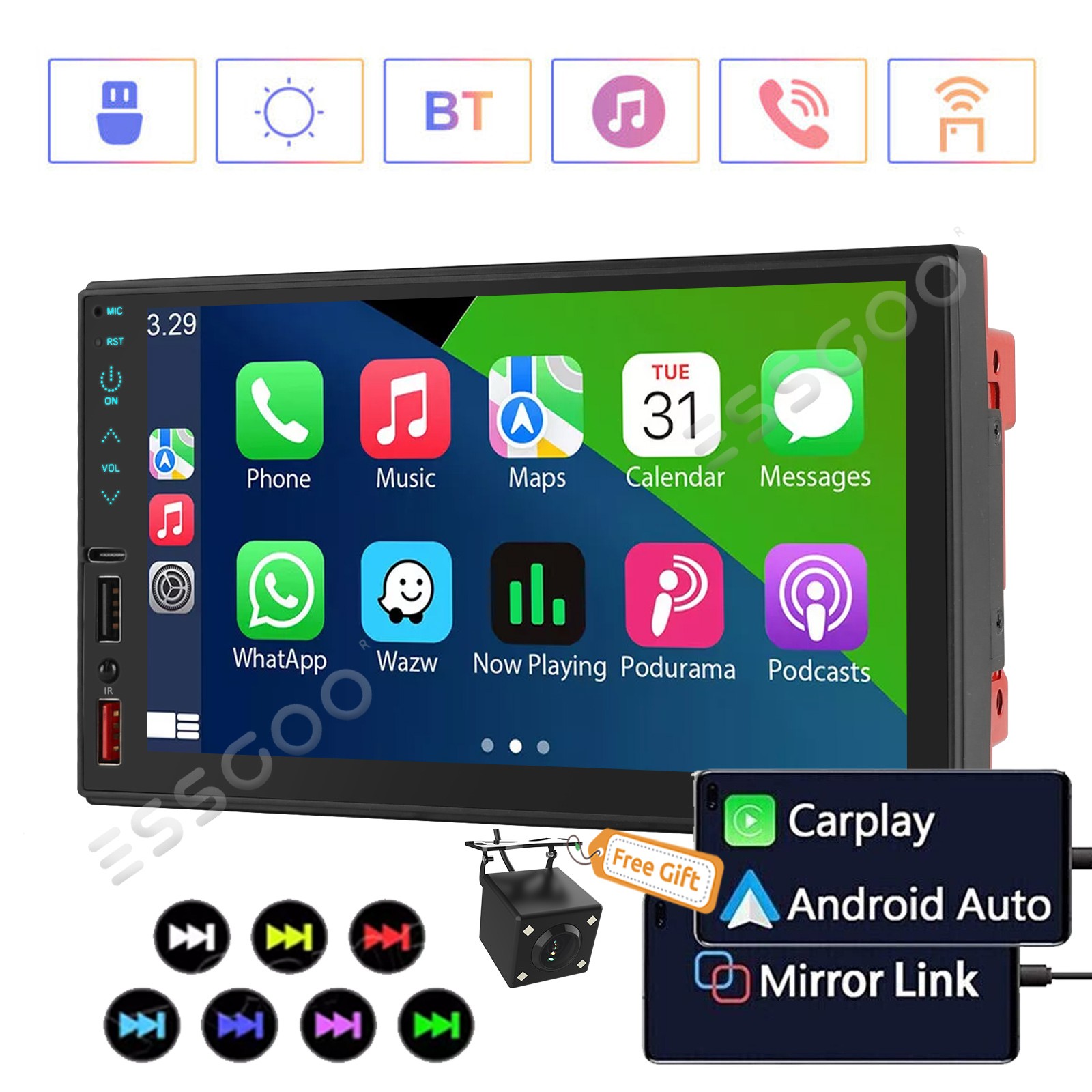 7″ Car Stereo BT Radio Double 2 DIN Apple Carplay & Android Auto USB with Camera