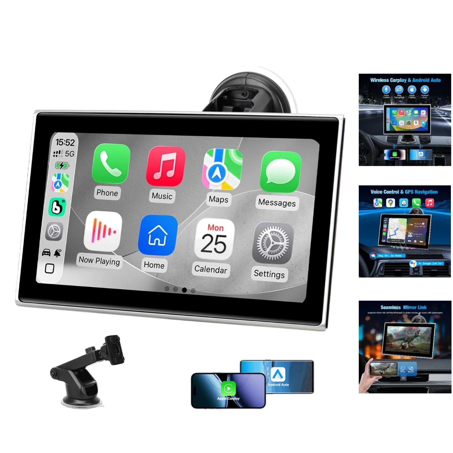 Portable HD CarPlay Screen – 360° Adjustable Mount & Easy Setup for Any Vehicle