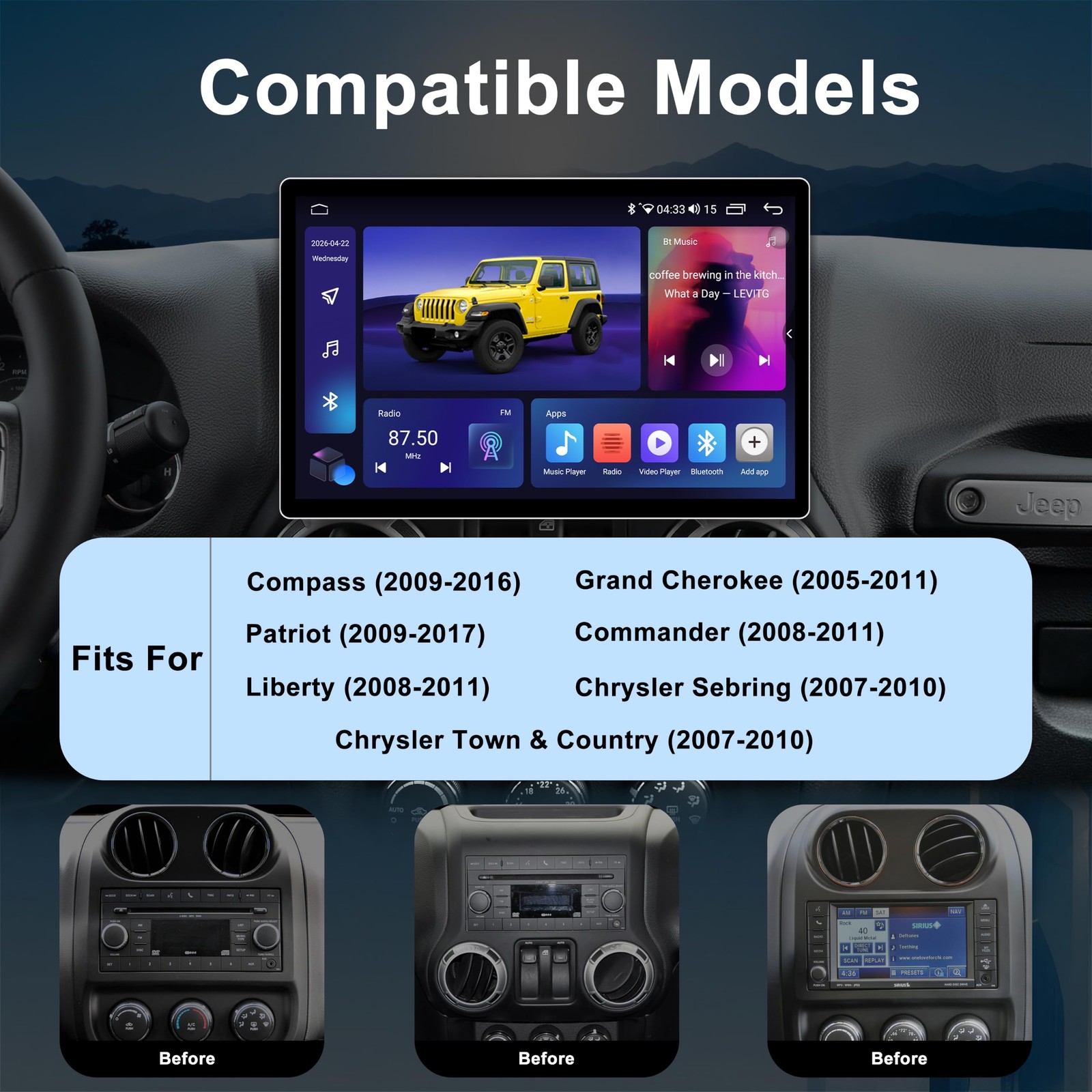 11.5 Inch 8 Core Car Radio Stereo for Jeep Wrangler JK Compass Cherokee Ram