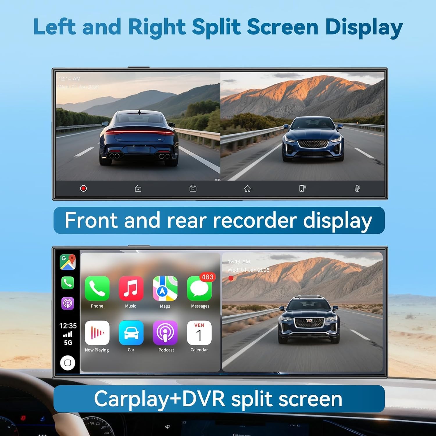 Large 11.5″ Wireless Carplay Screen & Android Auto Screen with 4K Dashcam/ 1080P