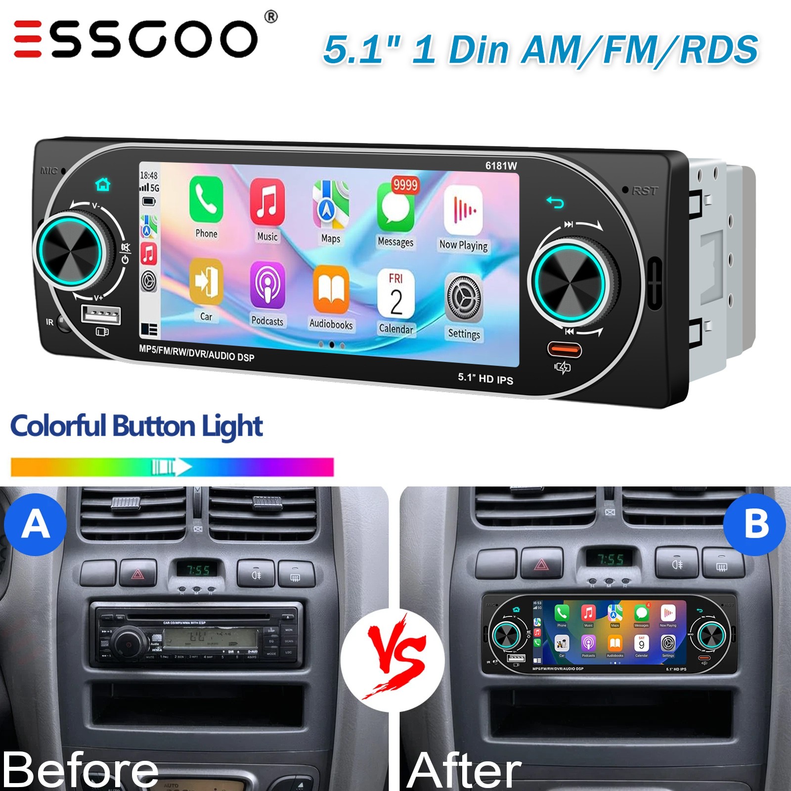 5.1″ Car Radio 1DIN Touchscreen Wireless Carplay AM SWC Bluetooth TYPE-C Stereo