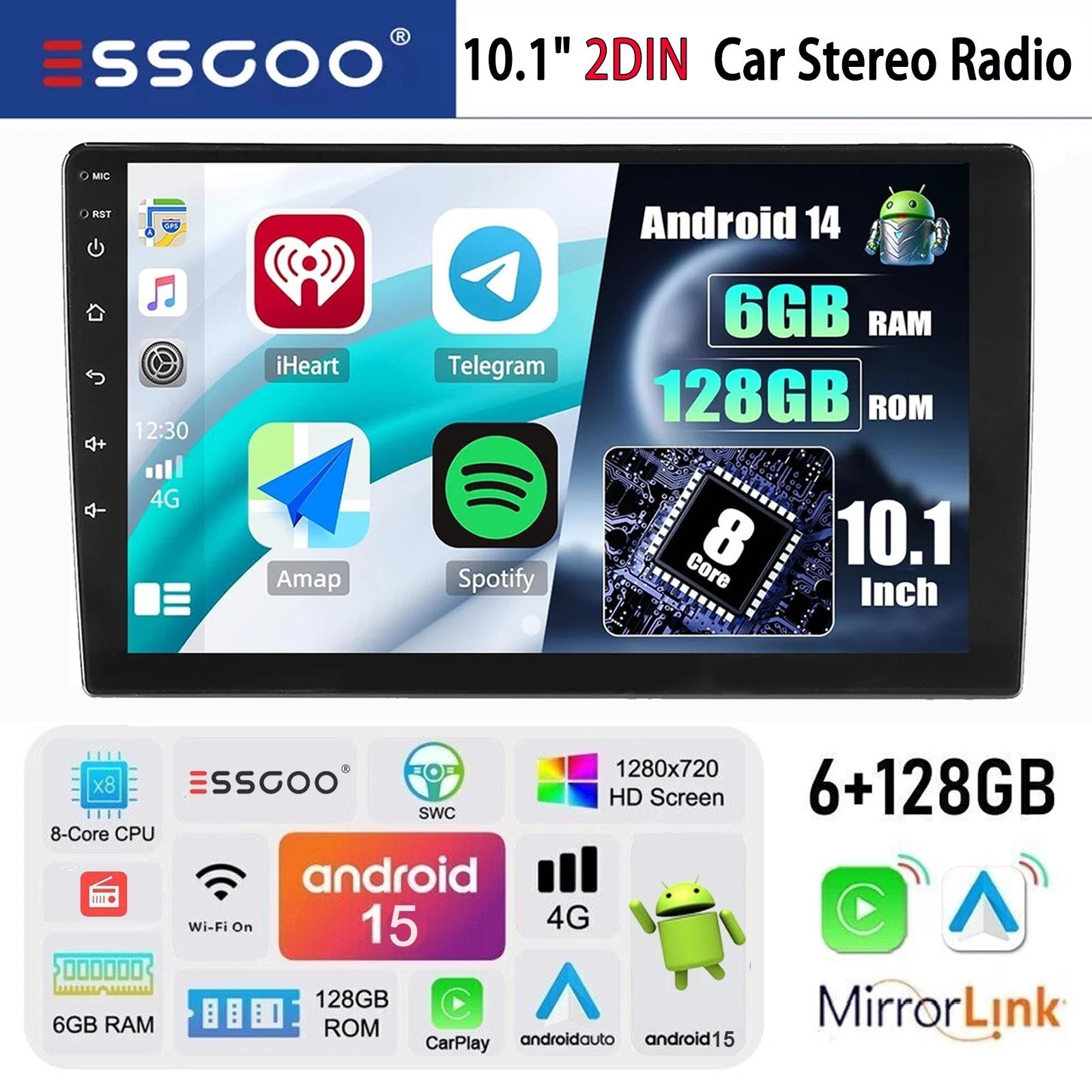 10.1″ 6+128GB QLED Double 2 DIN Car Stereo Radio Apple Carplay Android 15 GPS BT