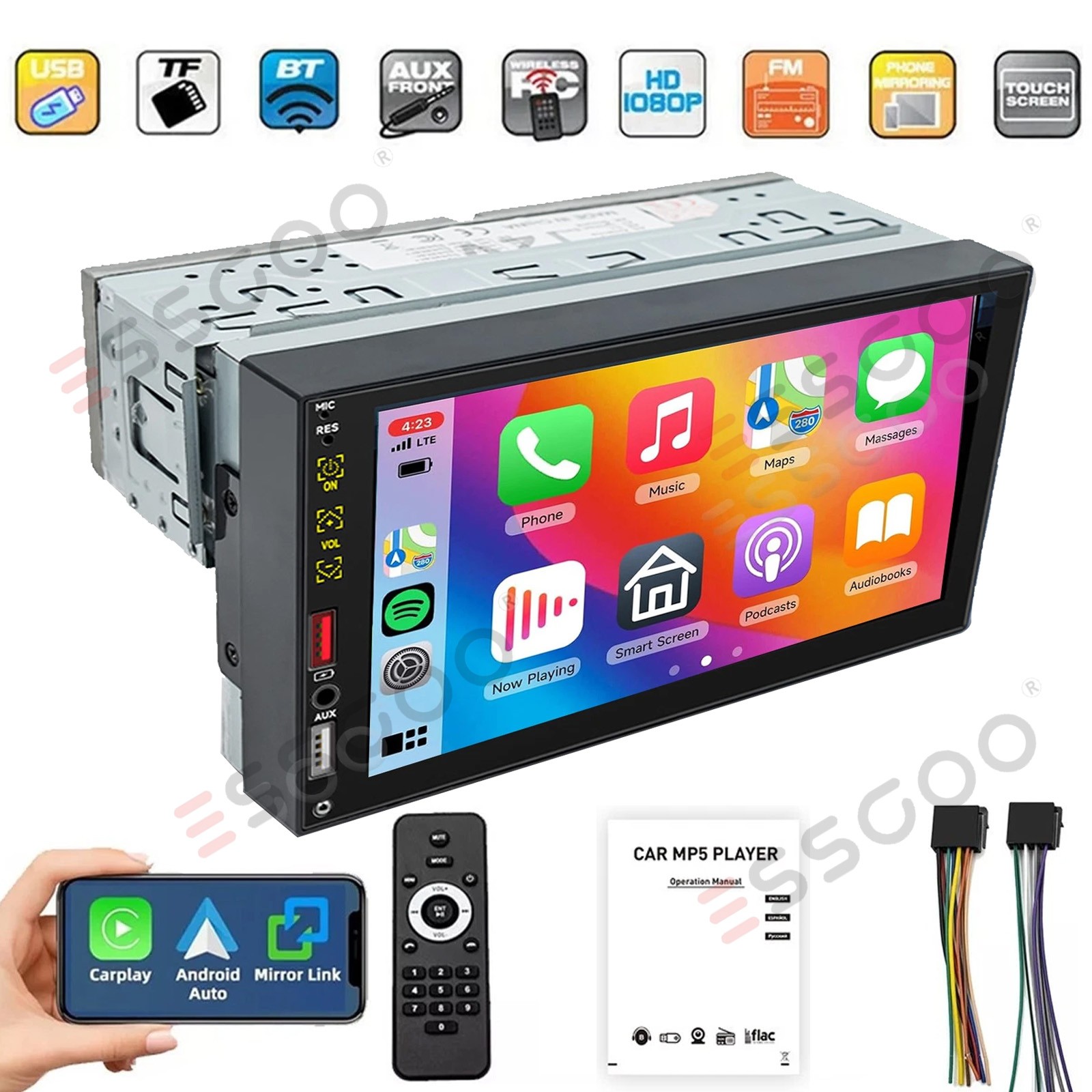 Single 1Din 7″ Touch Screen Stereo Bluetooth GPS Radio Car Apple/Android Carplay