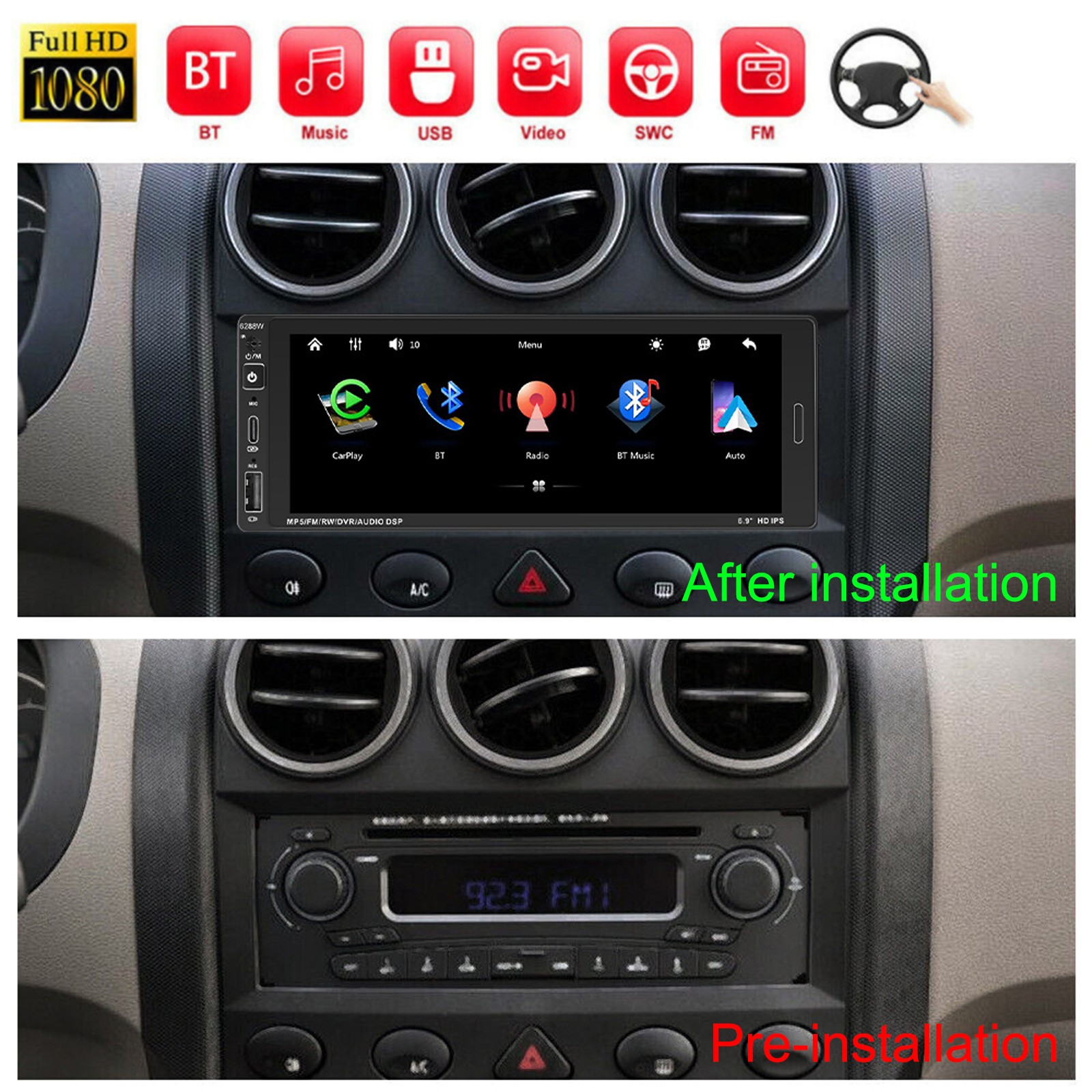 6.9 Single Din Car Stereo Wireless CarPlay Bluetooth touchscreen Radio USB