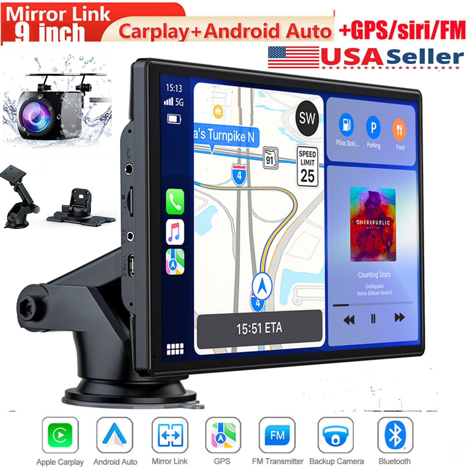 9″ HD Touch Screen Wireless Apple Carplay Android Auto Car Stereo w/1080P Camera