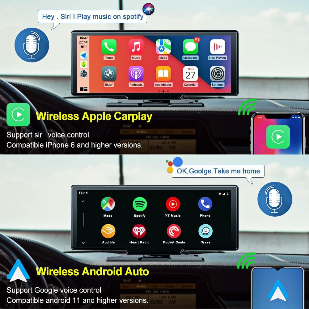 9.3″ Portable Car Radio with Dashcam, Wireless Carplay Car Stereo Android Auto