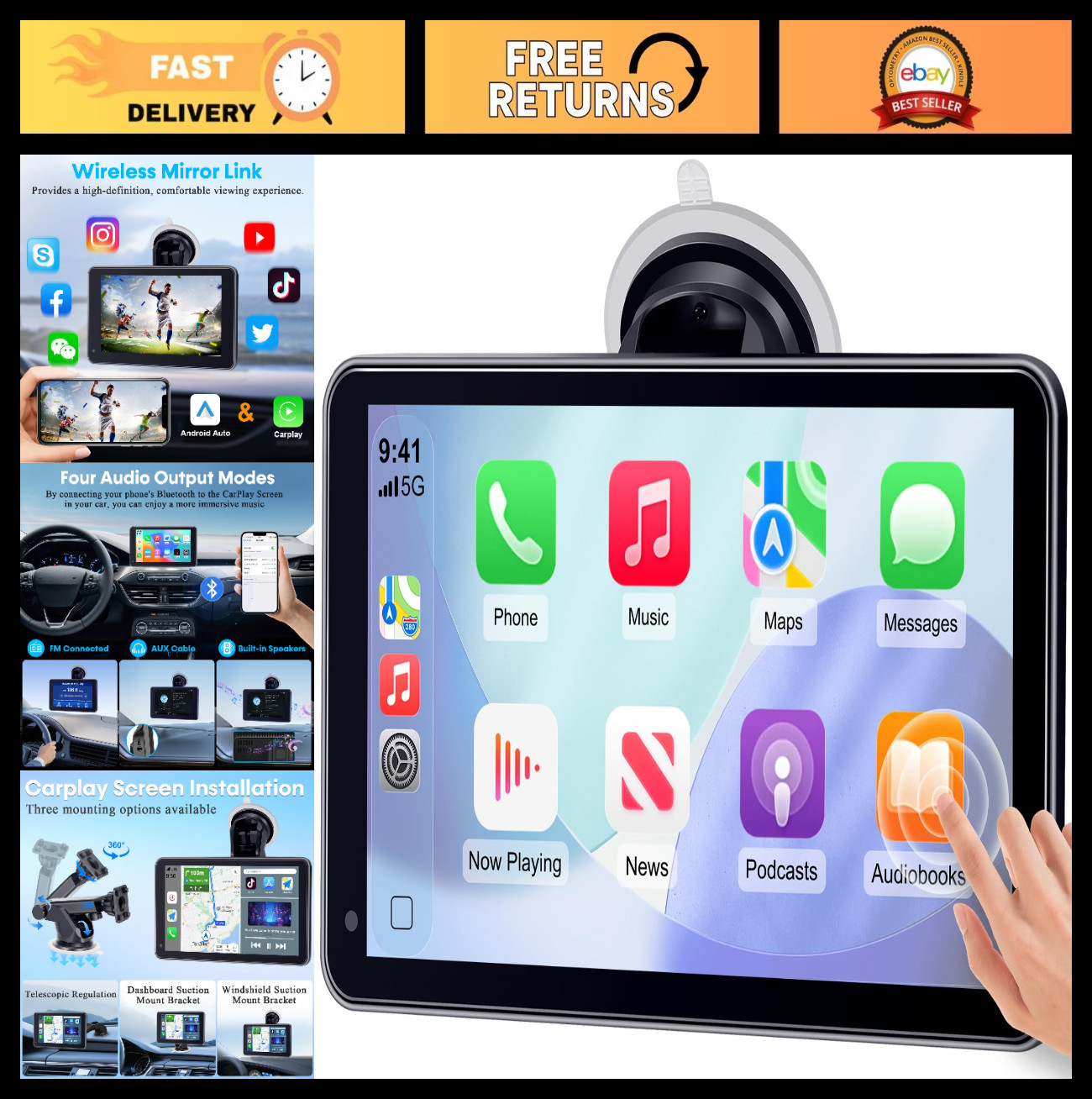 7-Inch HD 1080P Portable Wireless Carplay Screen – Easy Install, Voice Control,