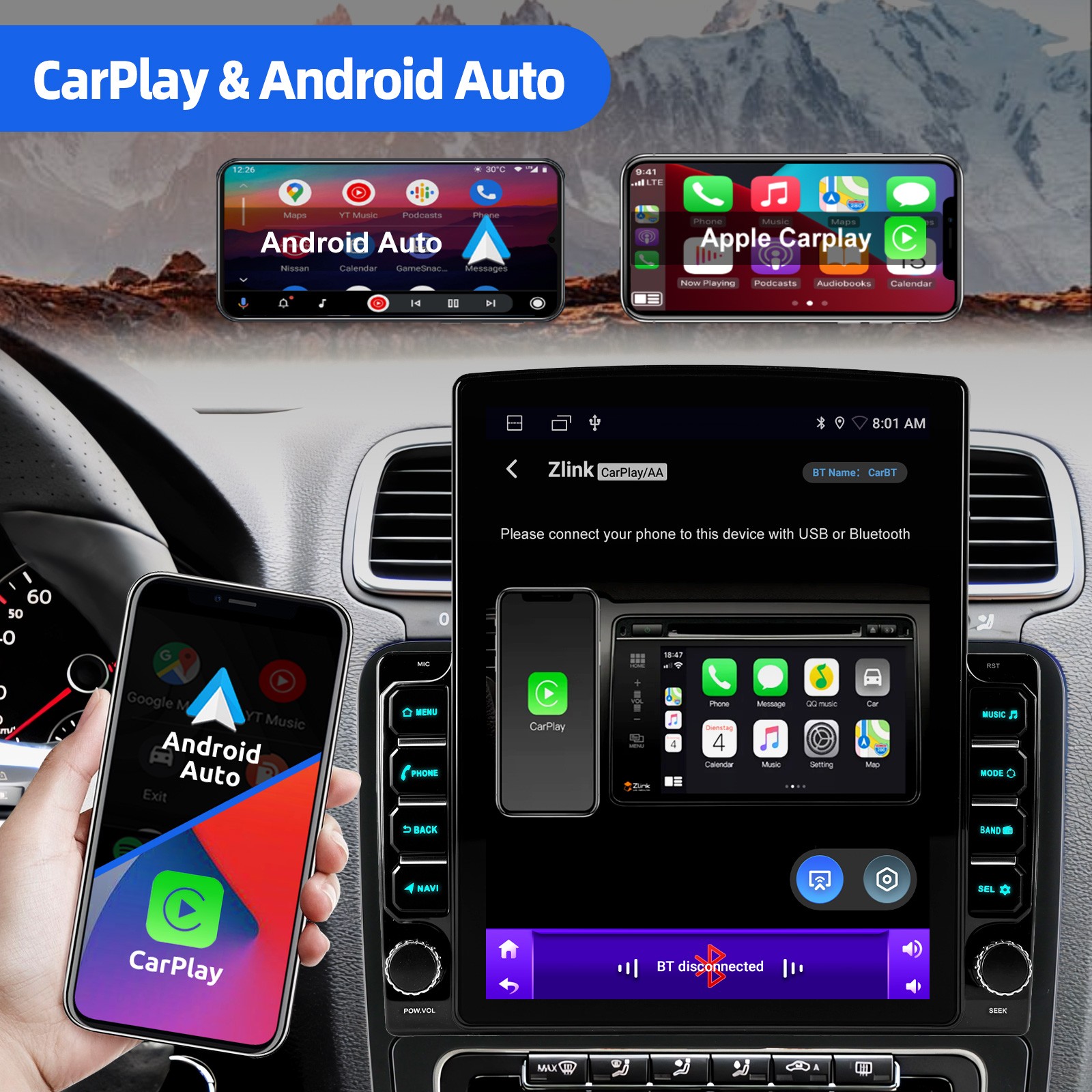 Android 15 Double Din 9.7″ Car Stereo Apple CarPlay Auto Radio GPS Navi WiFi FM