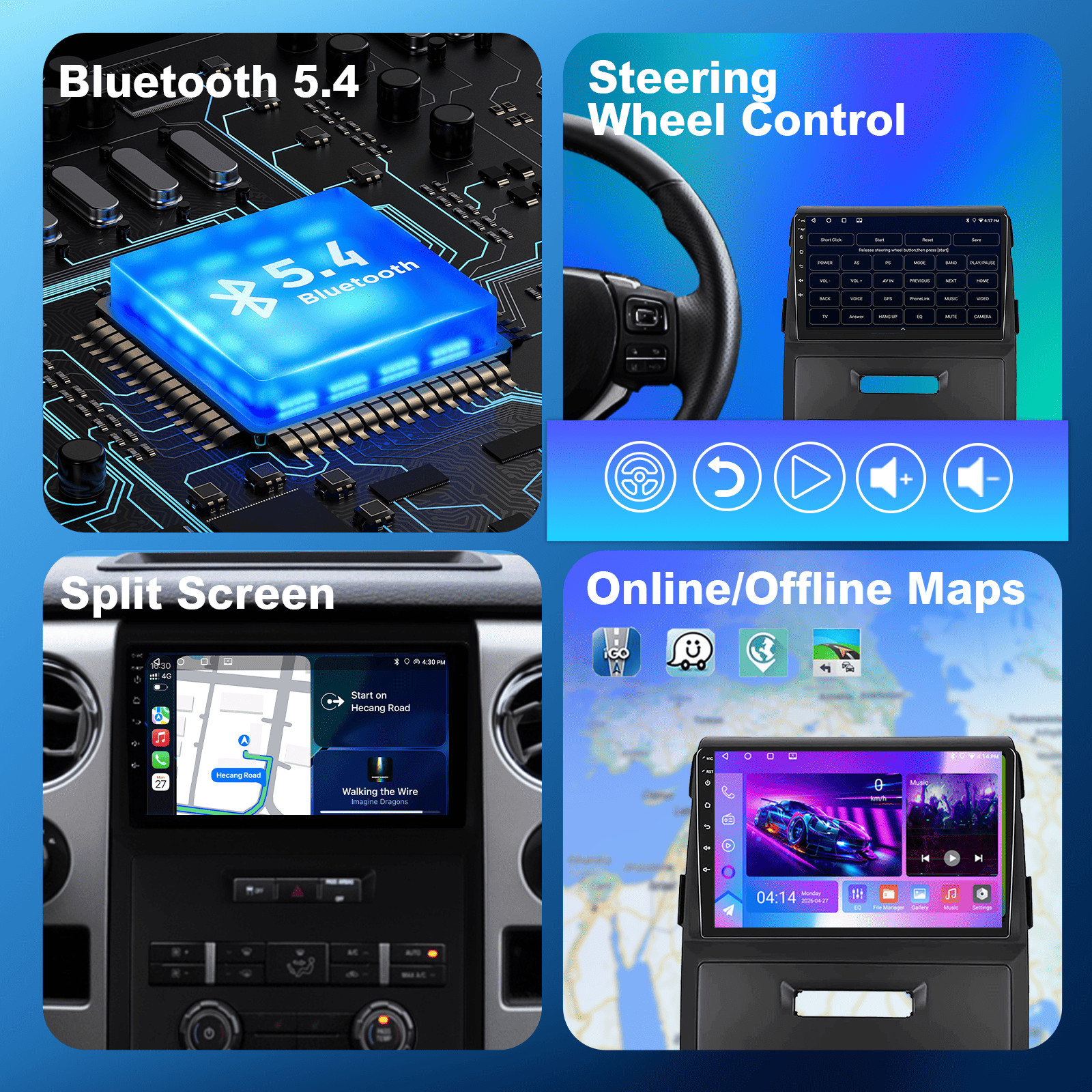 8Core 4+64G Ford F150 2009-2014 9″ Android14 Radio,Wireless CarPlay Android Auto