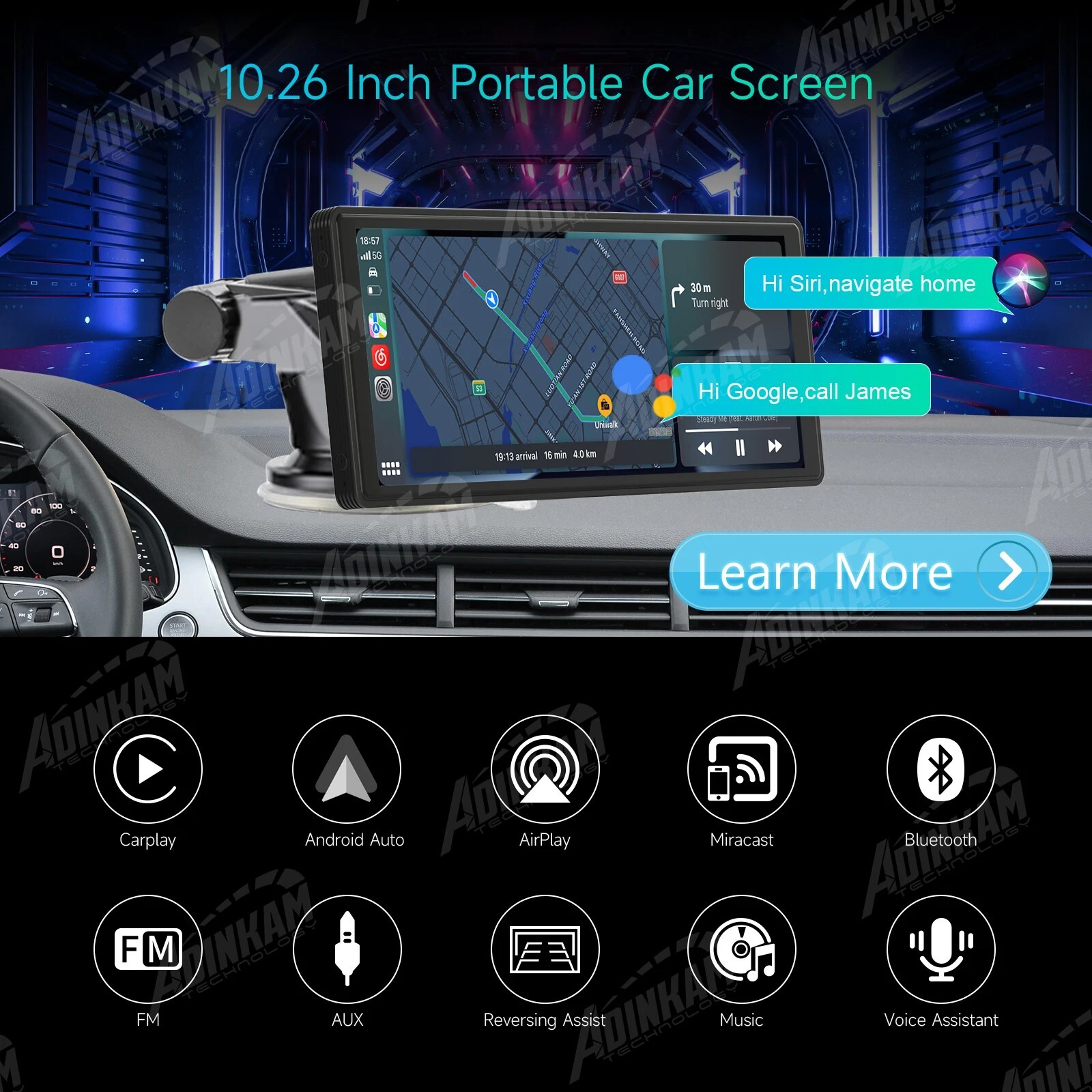 Portable Carplay screen for car with wireless carplay, android auto, bluetooth,