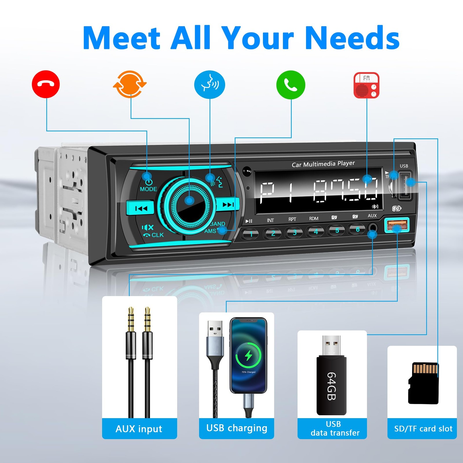 Single Din Radio Car Stereo Bluetooth,Radio Head Unit with FM/Dual USB/AUX/TF…