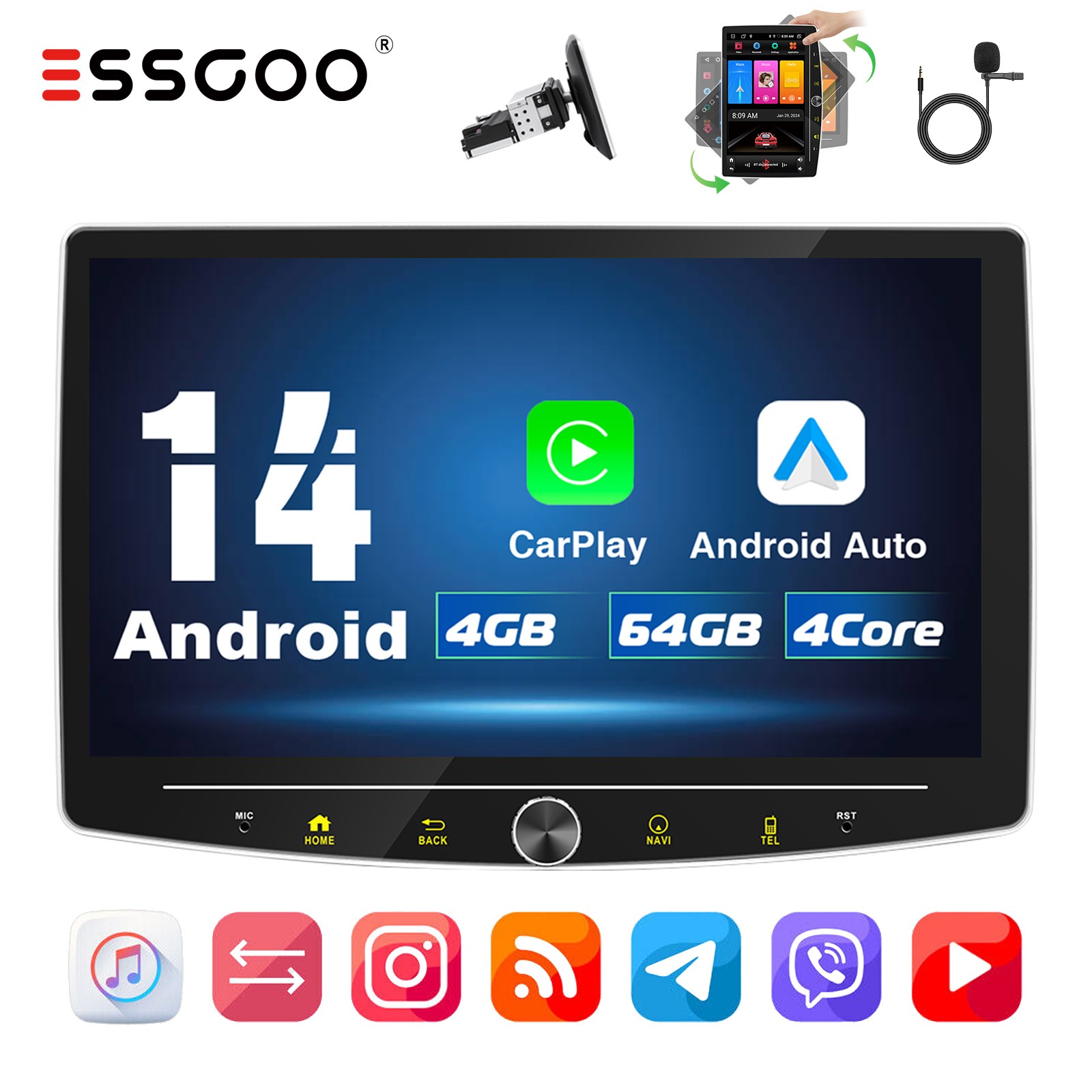 1 DIN 10.1″ Carplay Android 14 4+64GB Rotatable Screen Car Stereo Radio GPS MIC