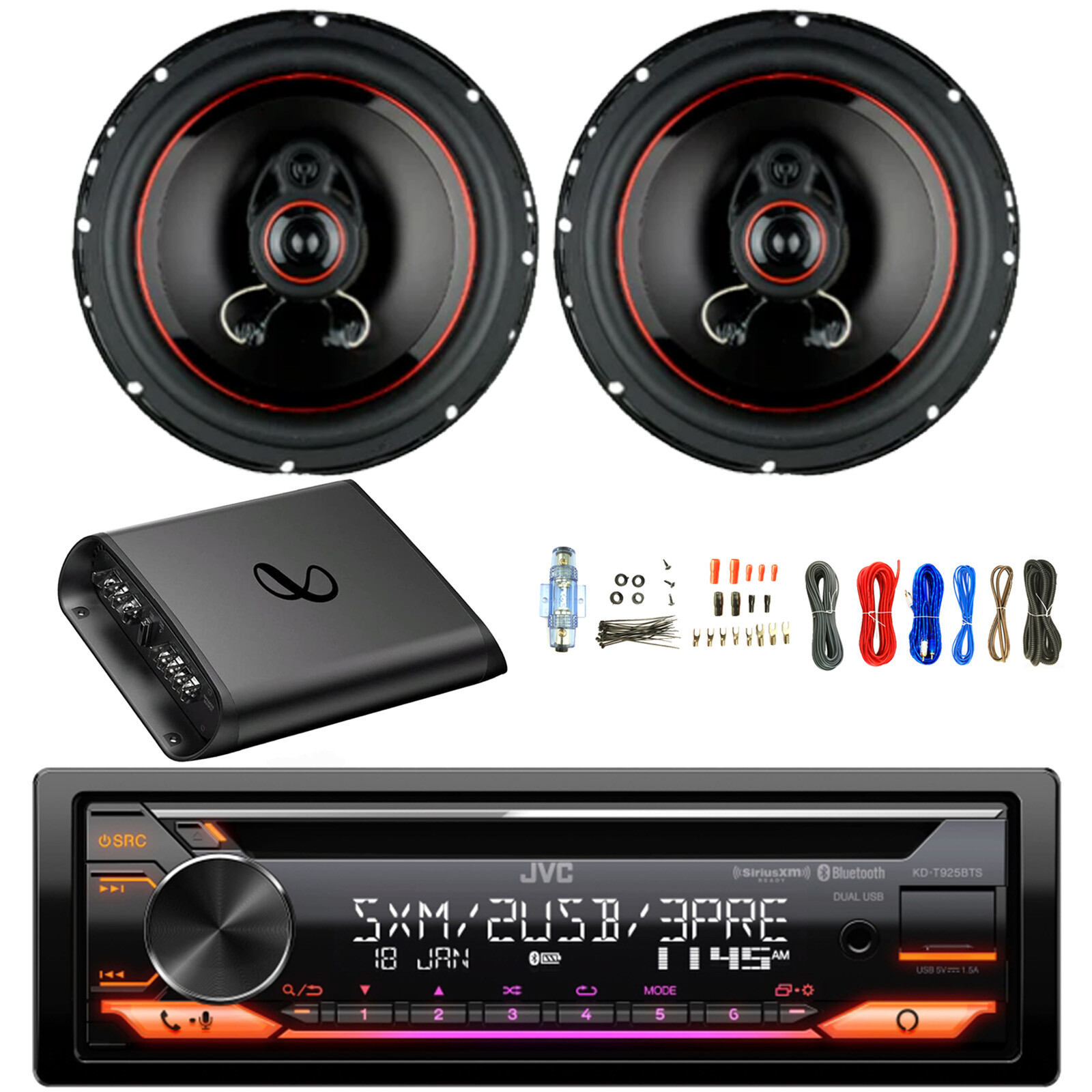 JVC Single DIN Bluetooth AM/FM CD Receiver, Amp w/Kit, 2x 6.5″ 330W Speakers