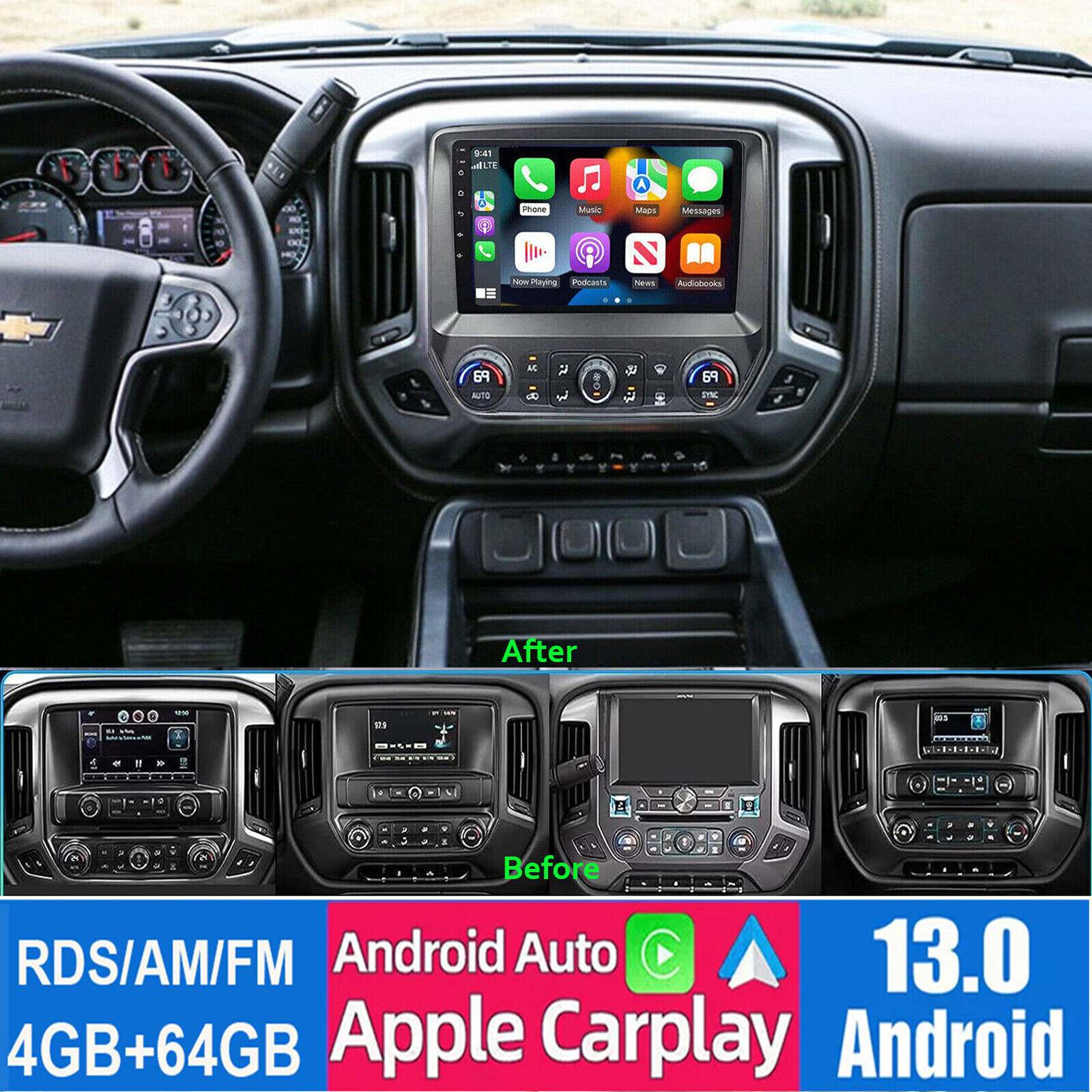 Android 13 For 2014-2018 Chevrolet Silverado GMC Sierra Car Radio Stereo 4+64G