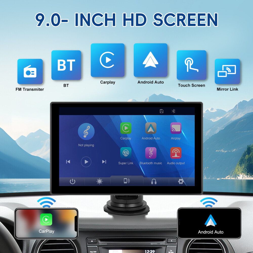 9in Touch Screen Wireless Apple Carplay Android Auto Portable Car Stereo Radio