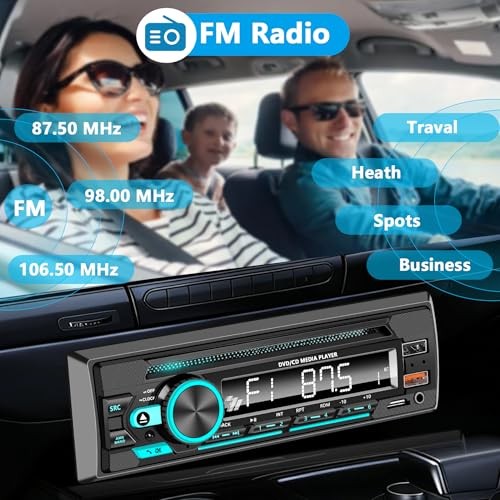 Single DIN CD/DVD Car Stereo with Bluetooth Hands-Free Calling, Push-to Black