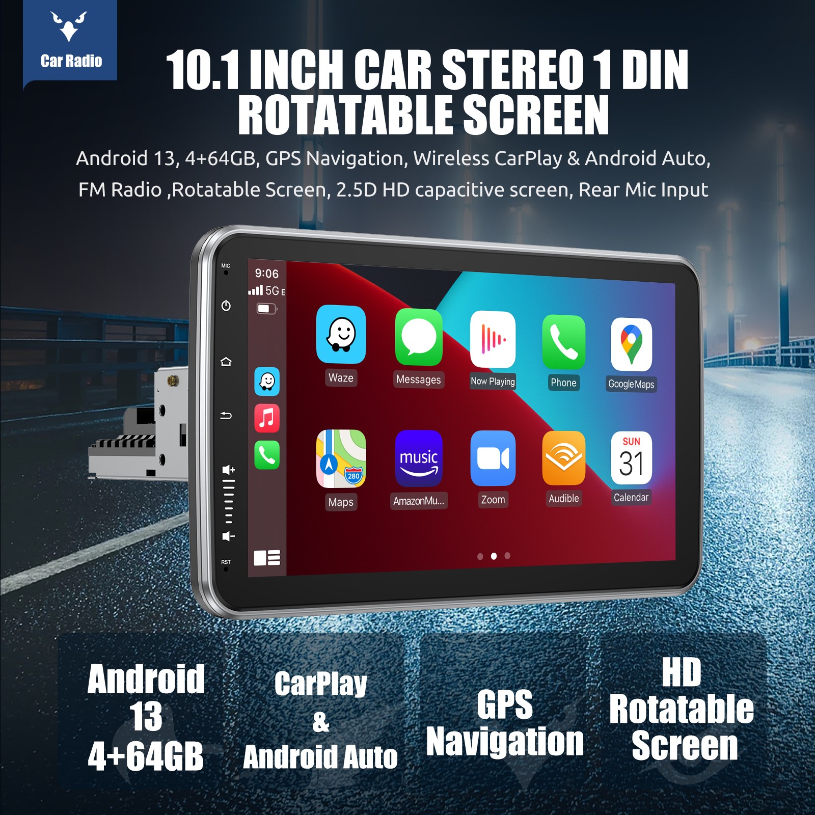 Single 1 DIN Touch Screen 360° Rotatable Android 13 Car Stereo Radio GPS+Camera