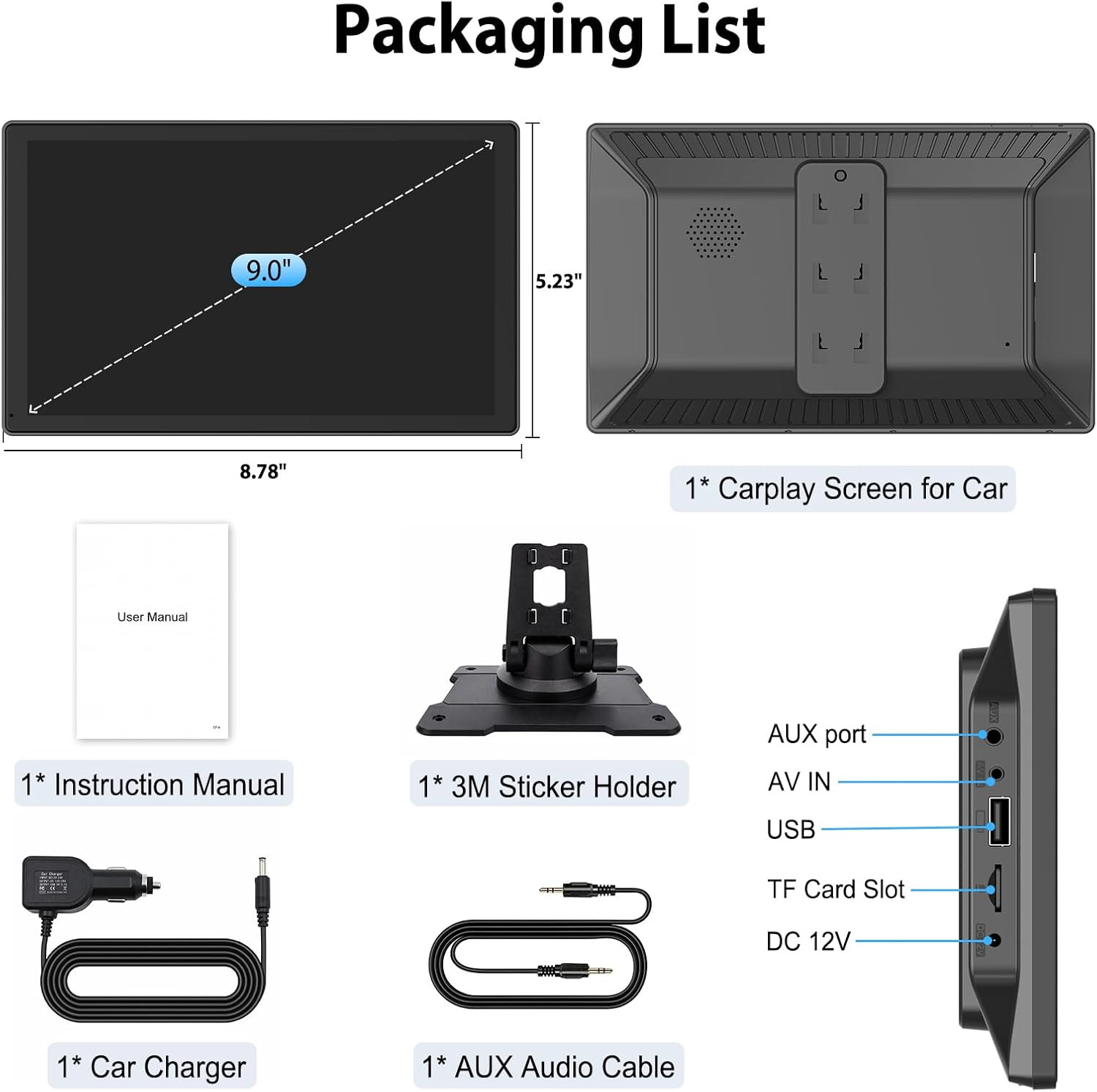 9 Inch Carplay Screen for Car, Wireless Carplay & Android Auto Portable Touchscr