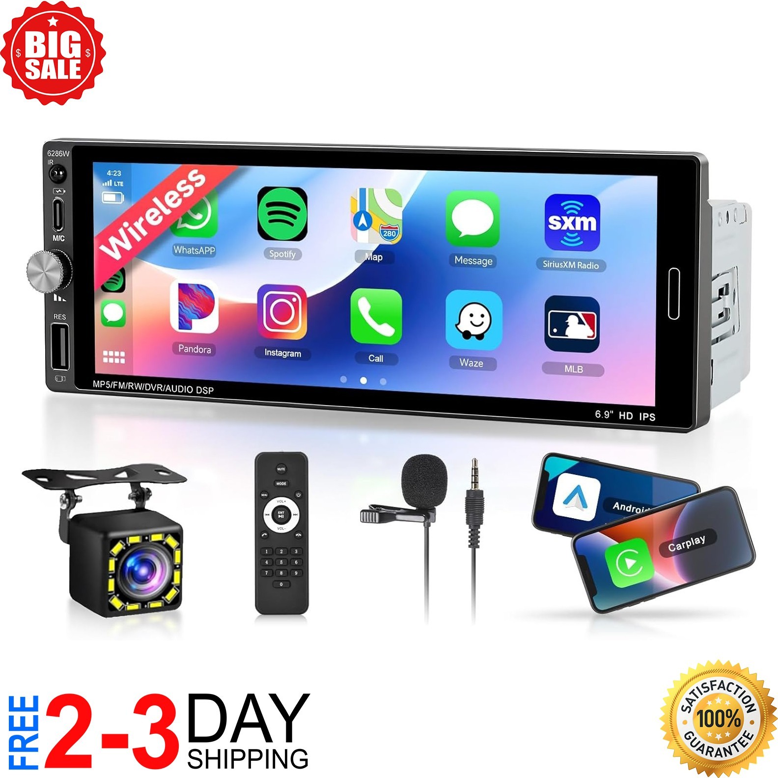 Single Din Car Stereo Wireless Apple CarPlay 6.9 touchscreen Bluetooth Radio USB