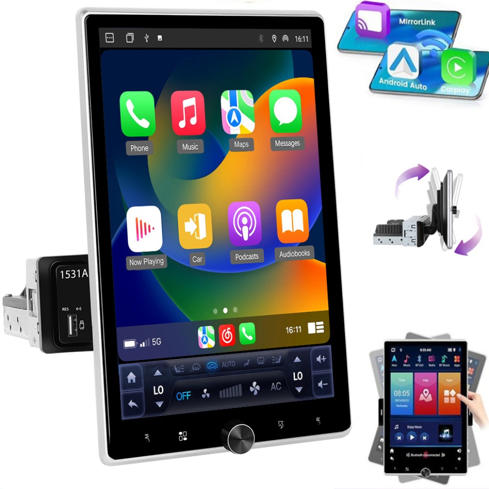 10.4” Android 15.0 Single 1 Din Carplay Rotatable Car Stereo Radio GPS WIFI
