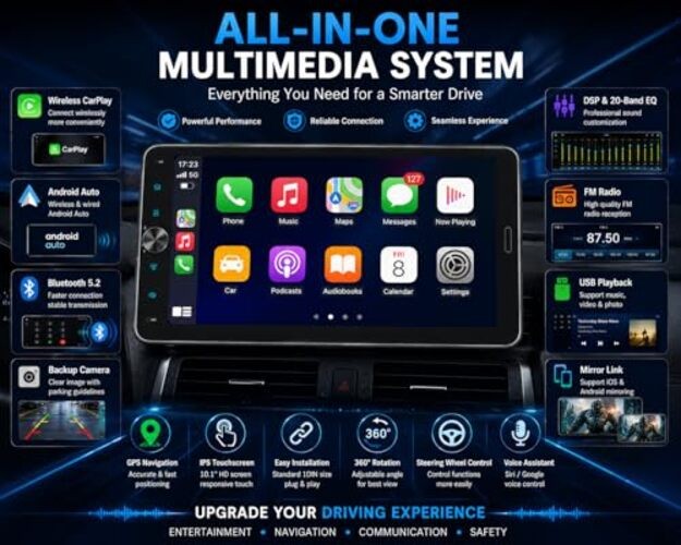 10.1 Inch Single DIN Car Stereo with Wireless CarPlay, Bluetooth 5.2, 720×1280