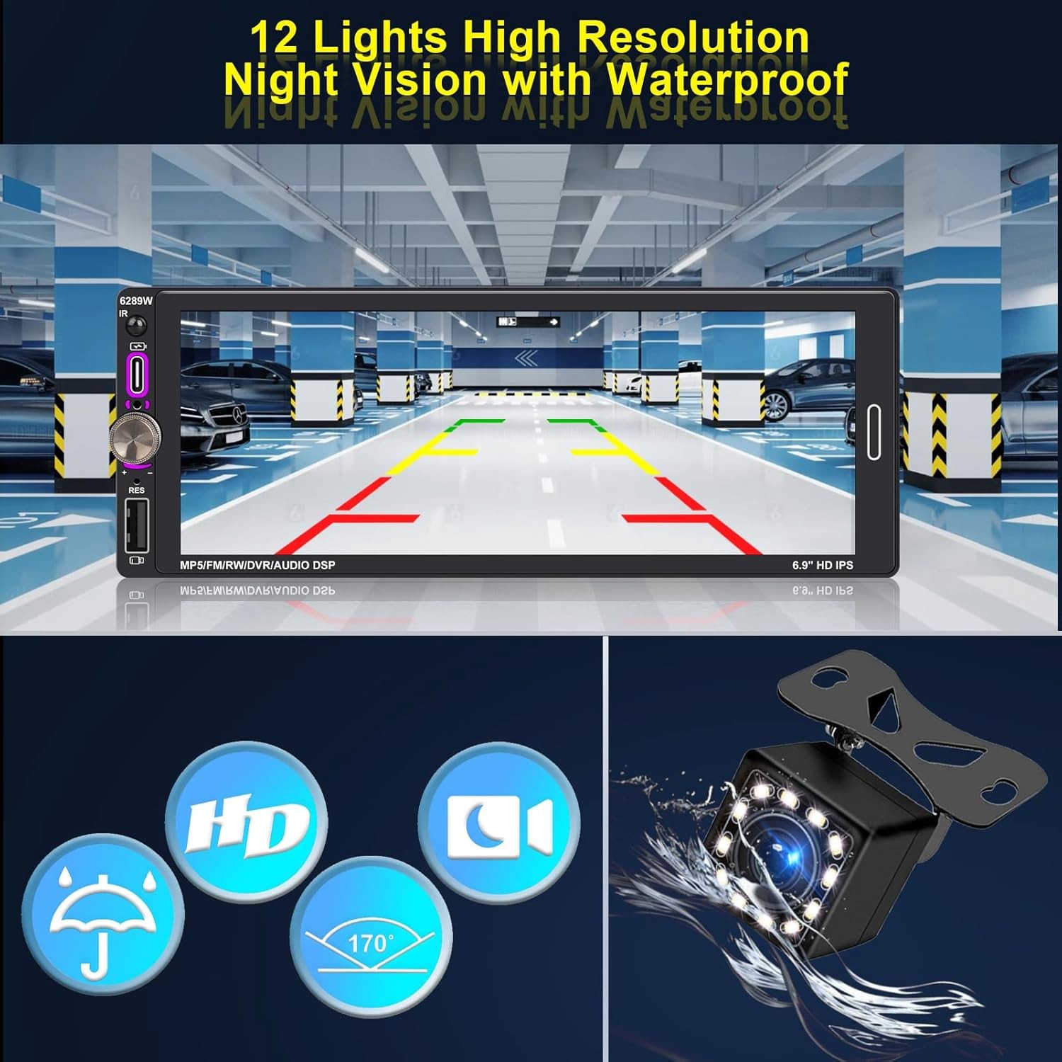 Single 1 Din Android 13 Carplay Car Stereo Radio GPS WIFI BT Touch Screen 6.9″