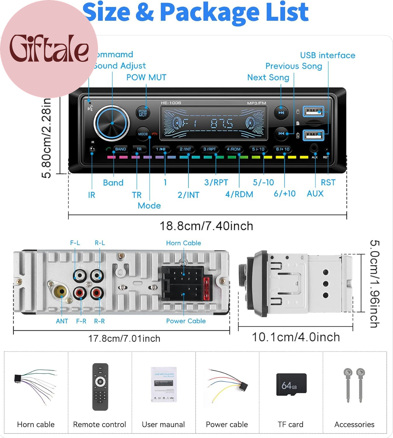 Single DIN Bluetooth Car Stereo FM Radio MP3 Player with 64GB TF Card