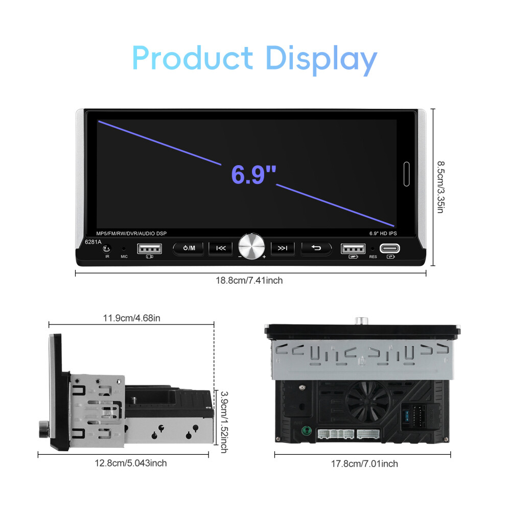 Single 1 DIN Car Radio GPS NAVI Carplay 6.9 Inch Stereo Player Android 15 2+64G